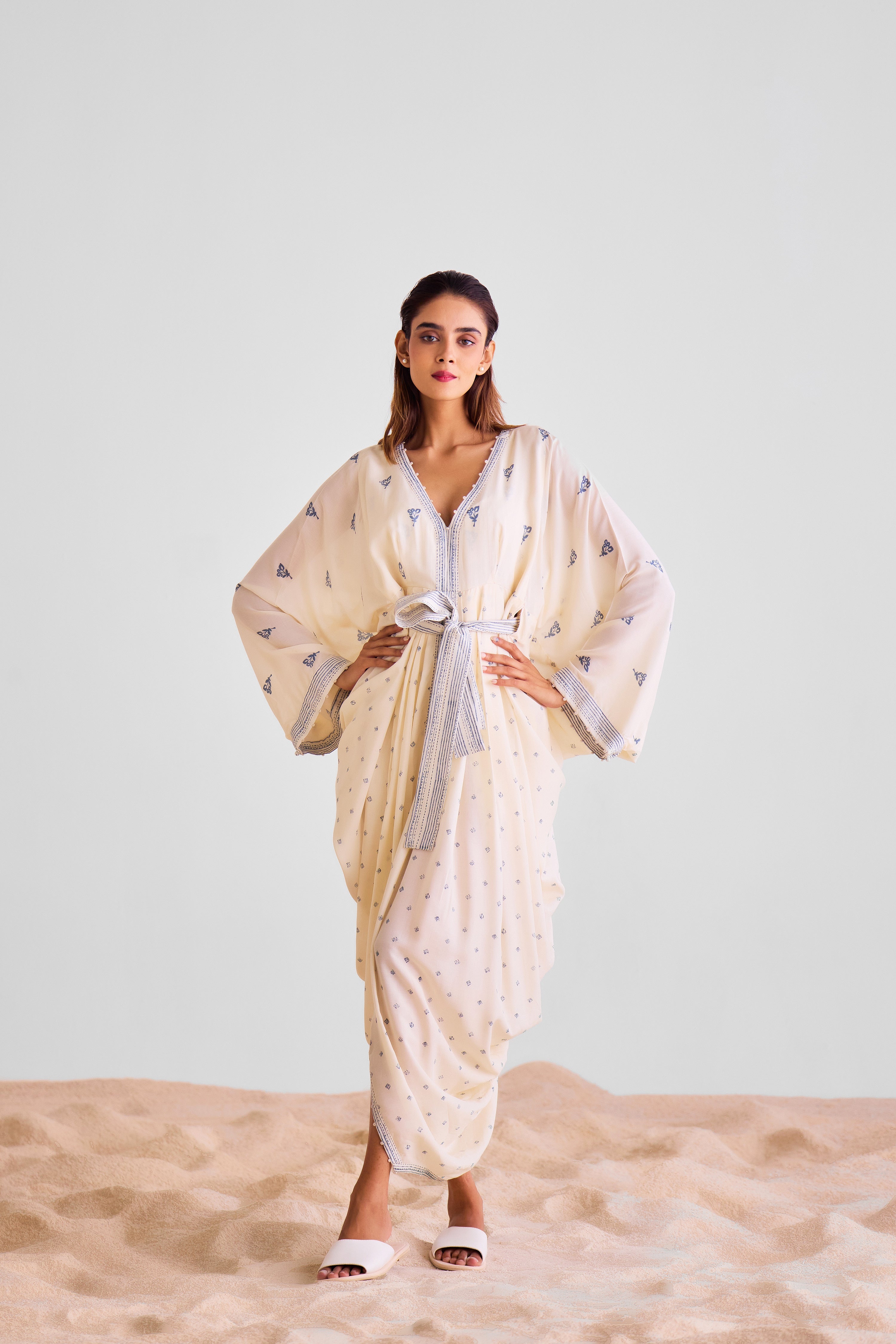 CNC228 - Off white kaftan with belt and scarf set