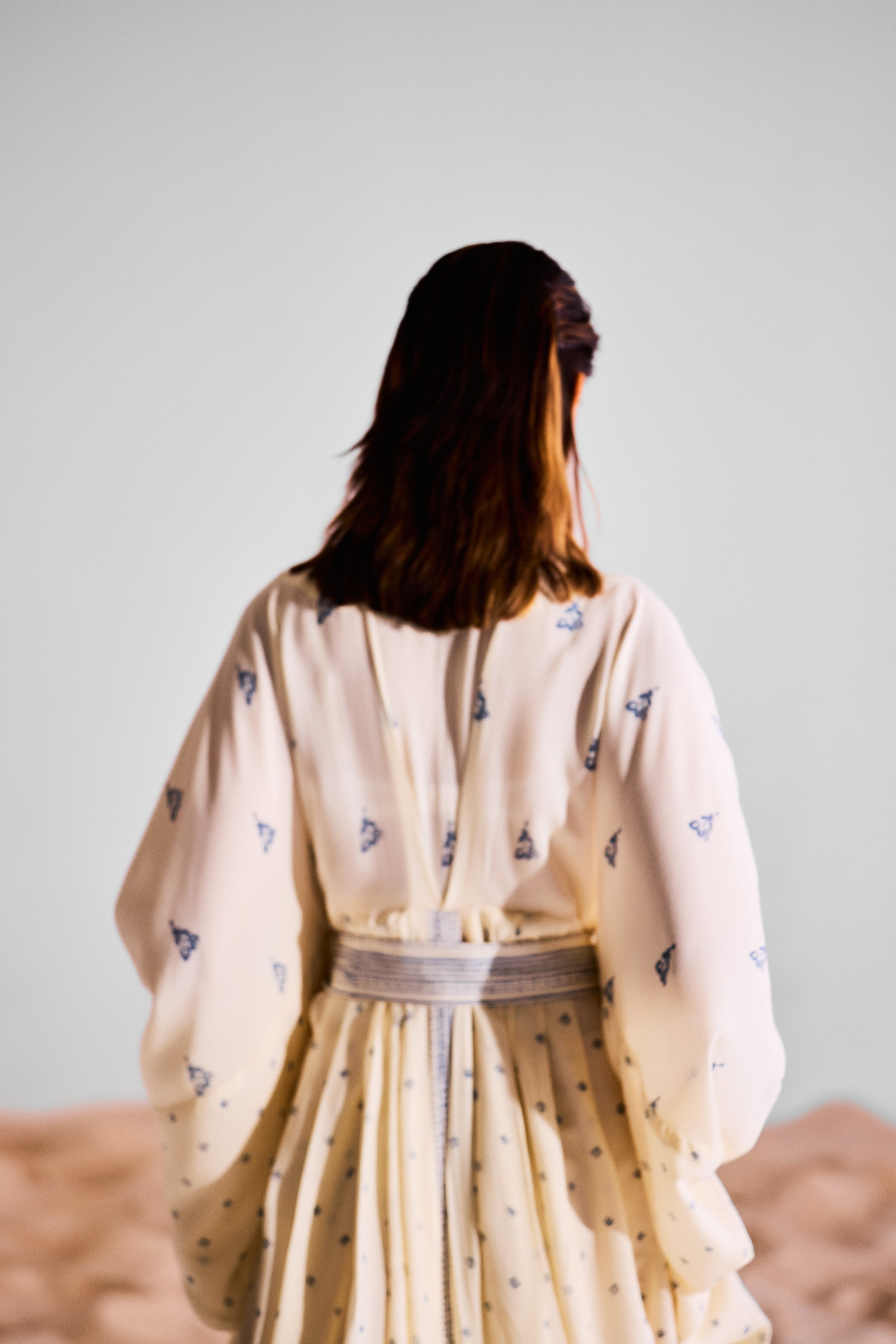 CNC228 - Off white kaftan with belt and scarf set