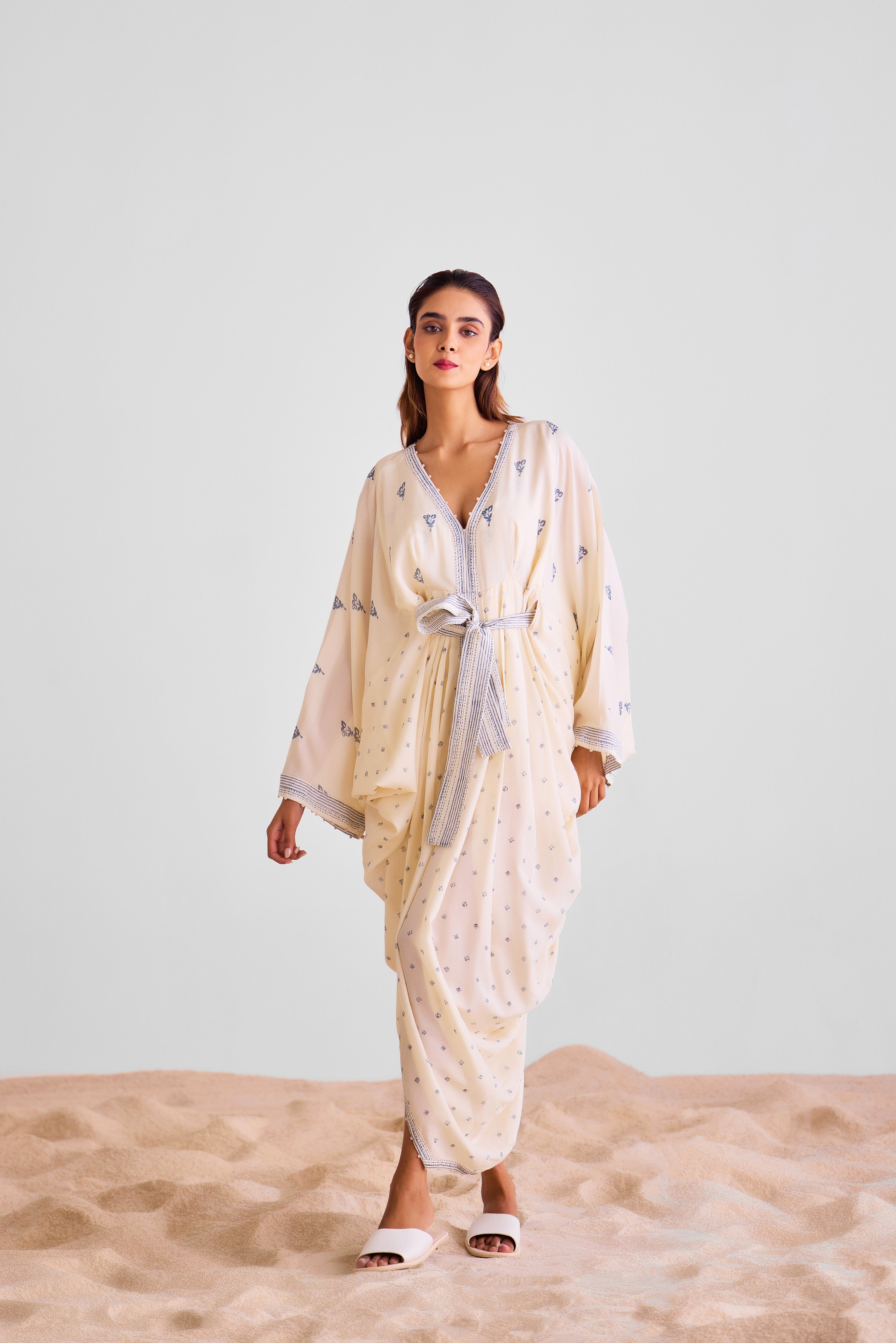 CNC228 - Off white kaftan with belt and scarf set