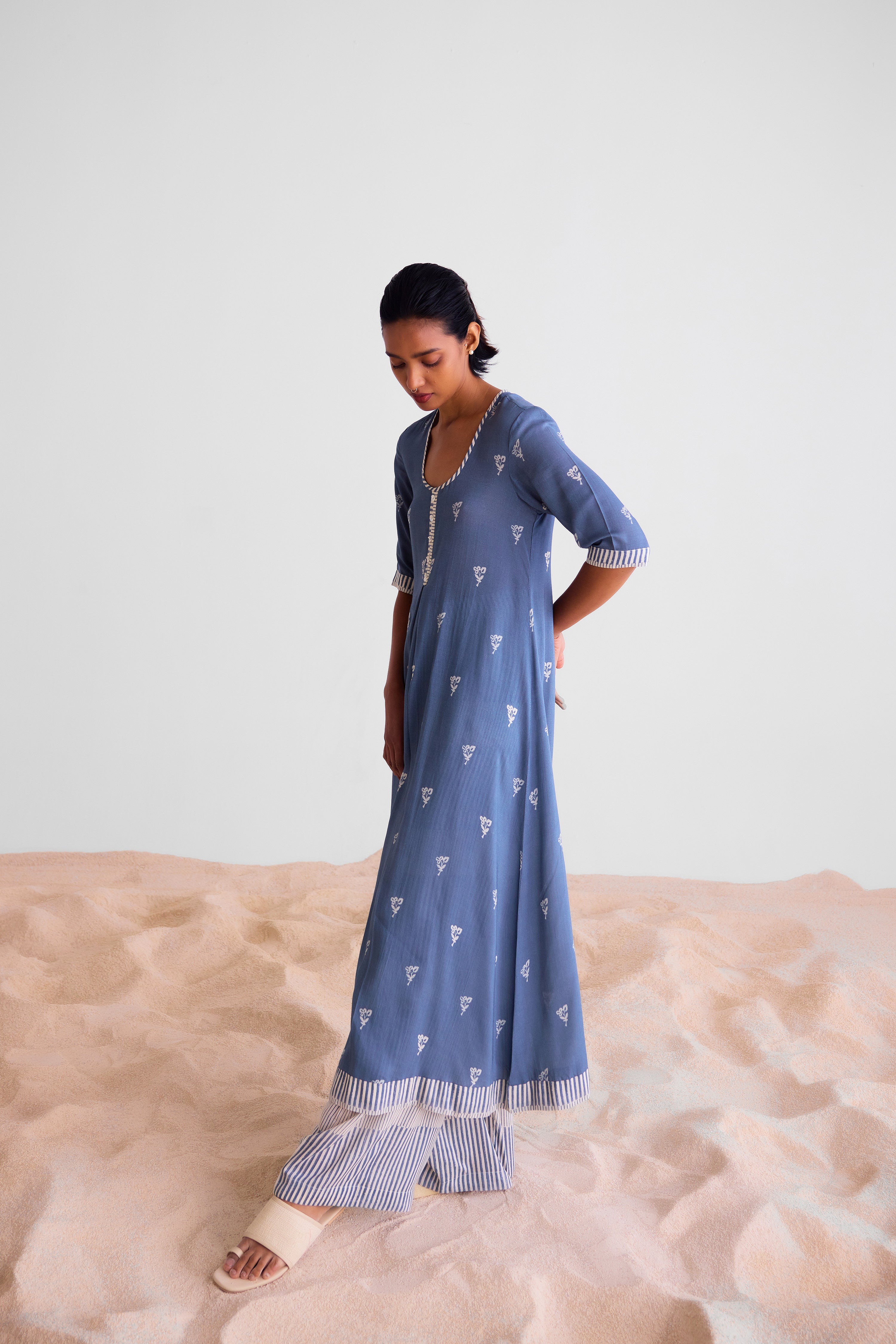CNC235 - Blue grey & off-white kurta set