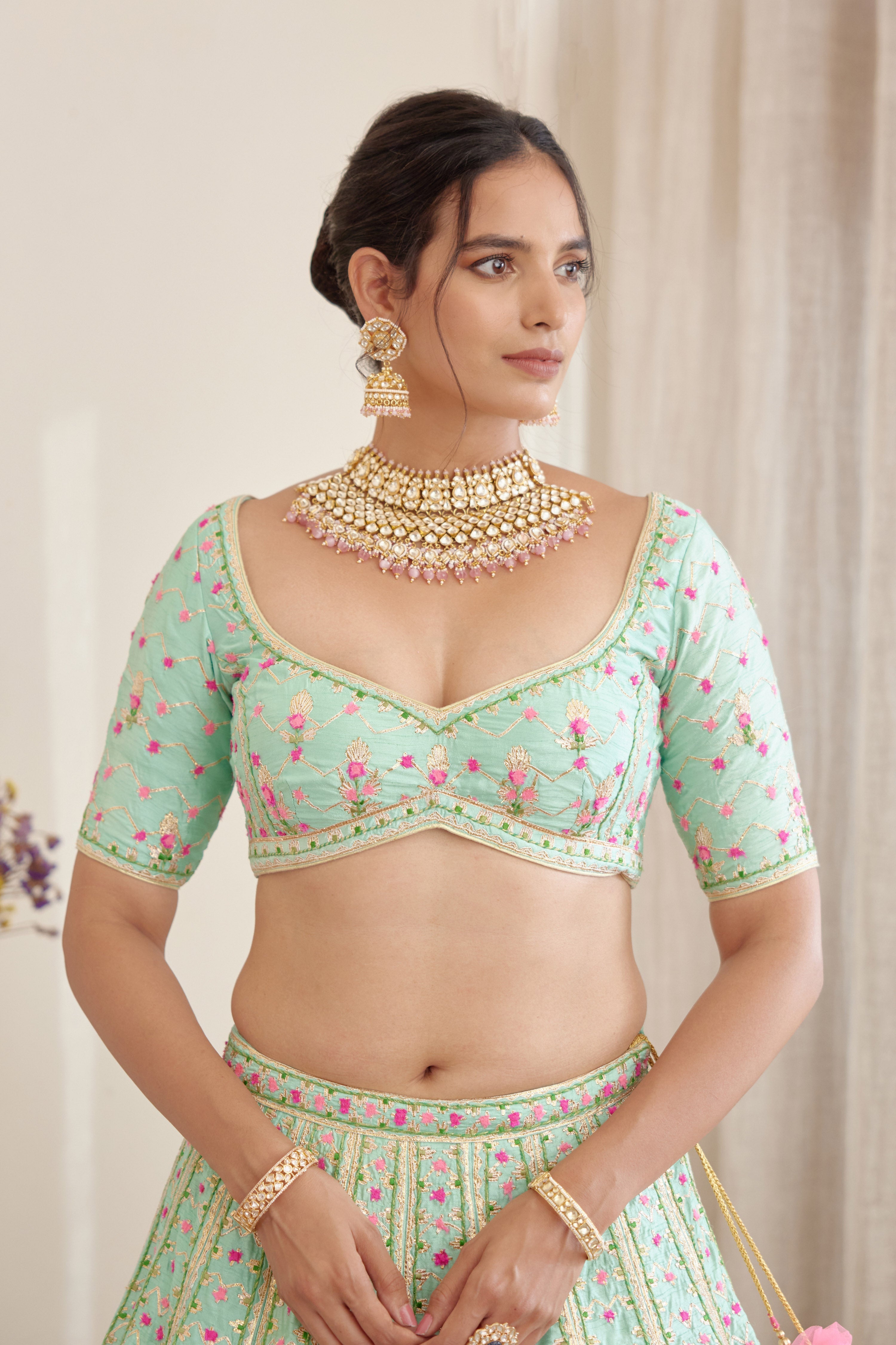 Sea Green & Pink Lehenga Set.