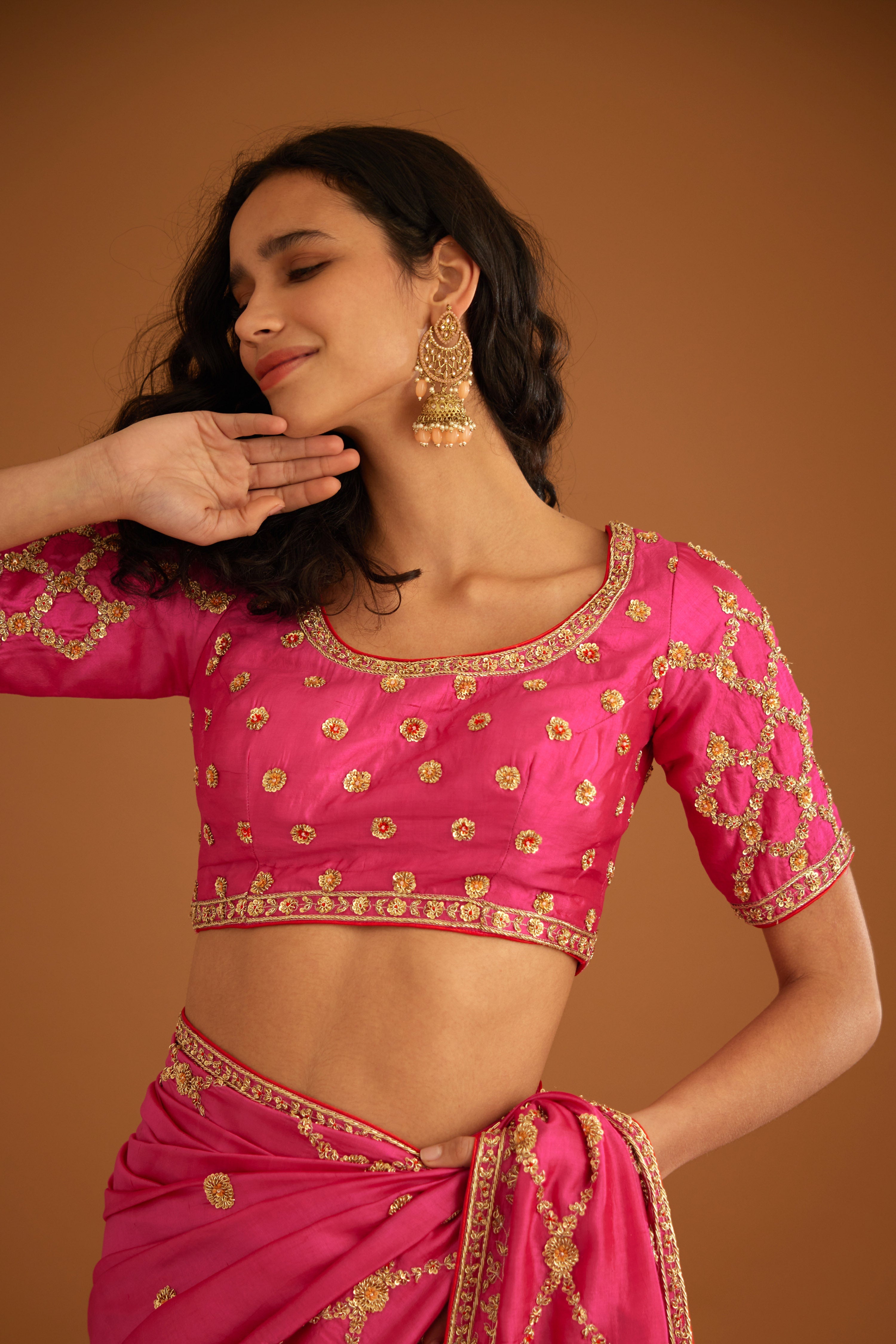 Fuchsia Pink Saree Set and Blouse- front view