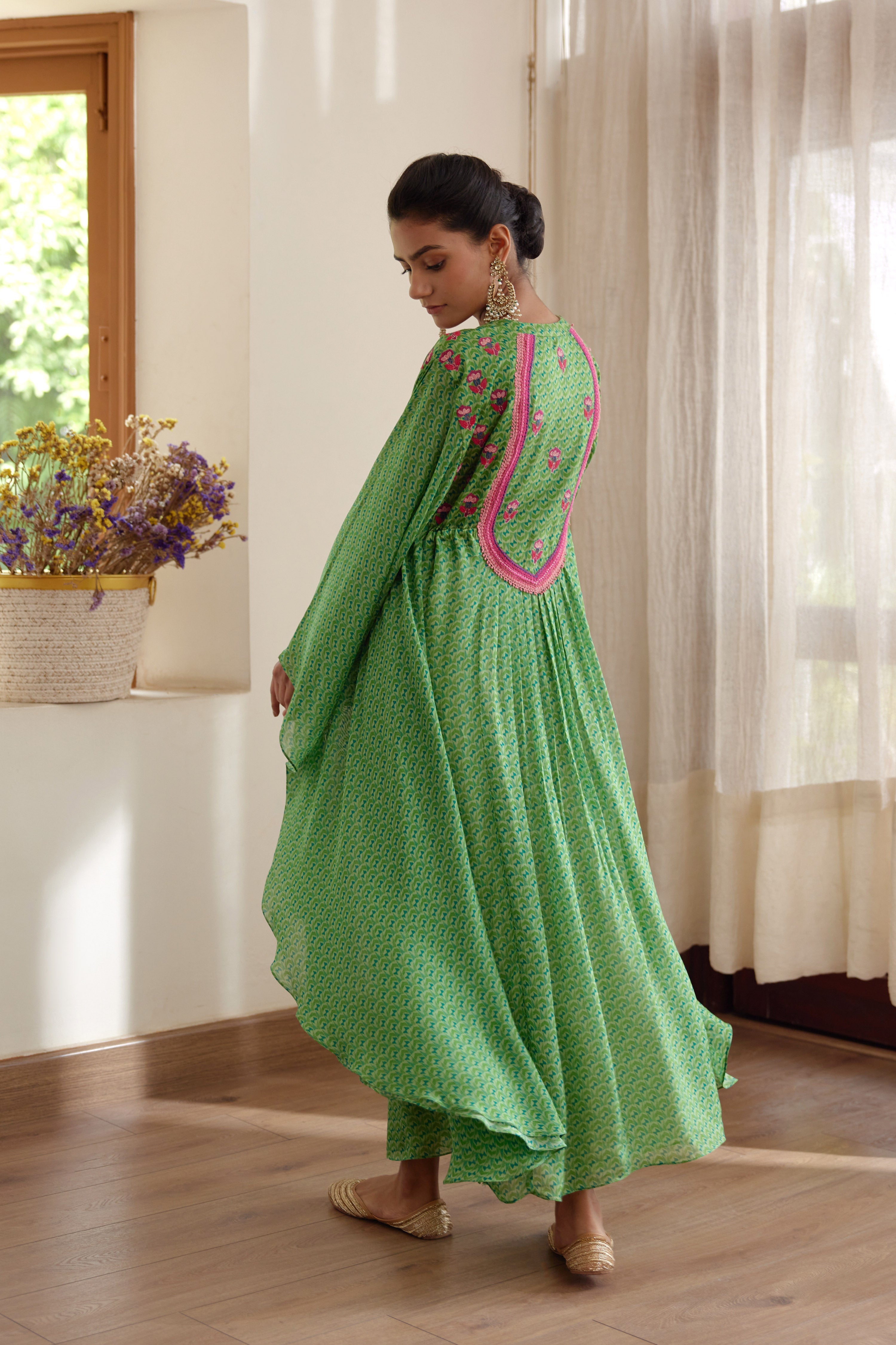 Green Kaftan in Modal Satin- back view