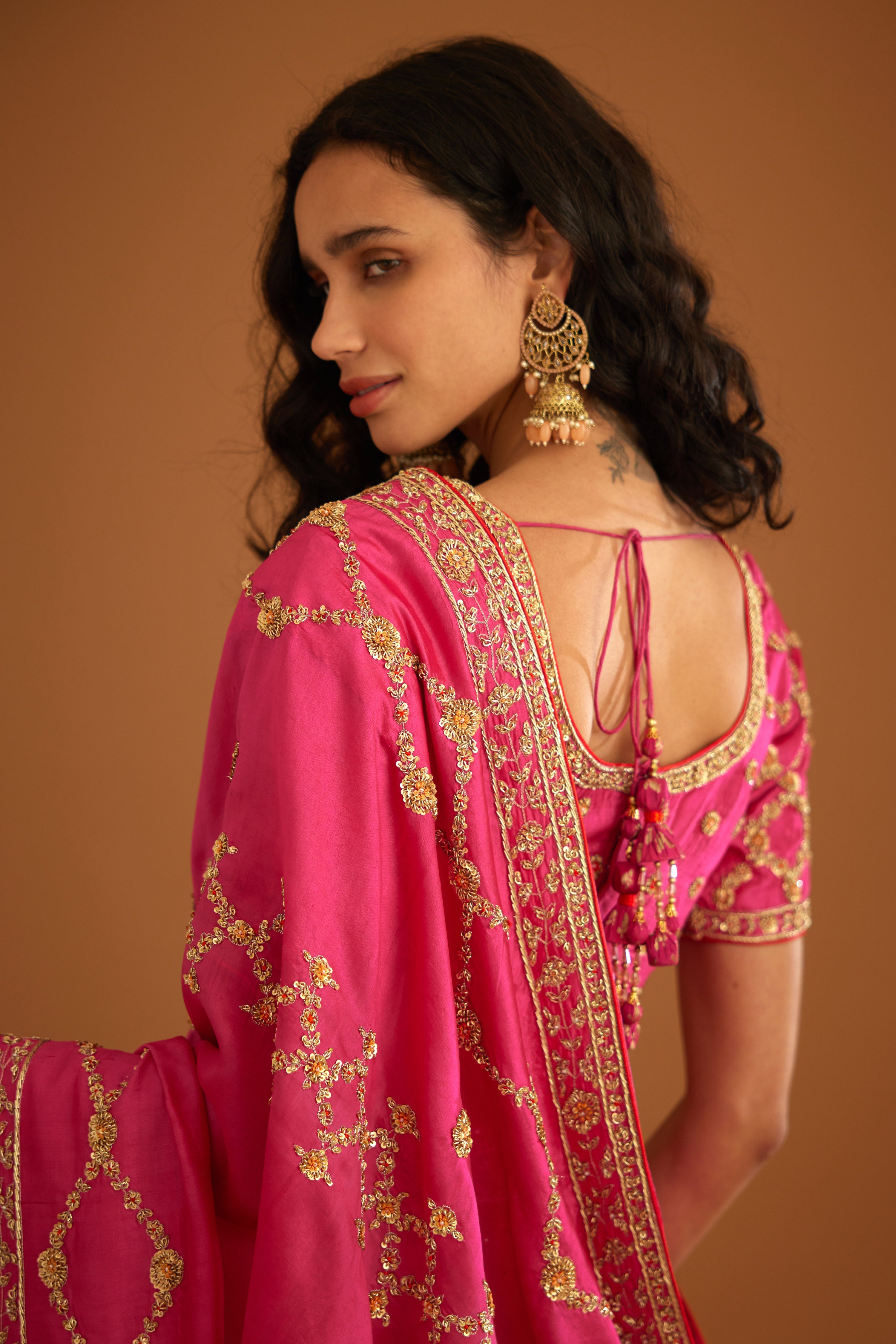 Fuchsia Pink Saree Set and Blouse- back view