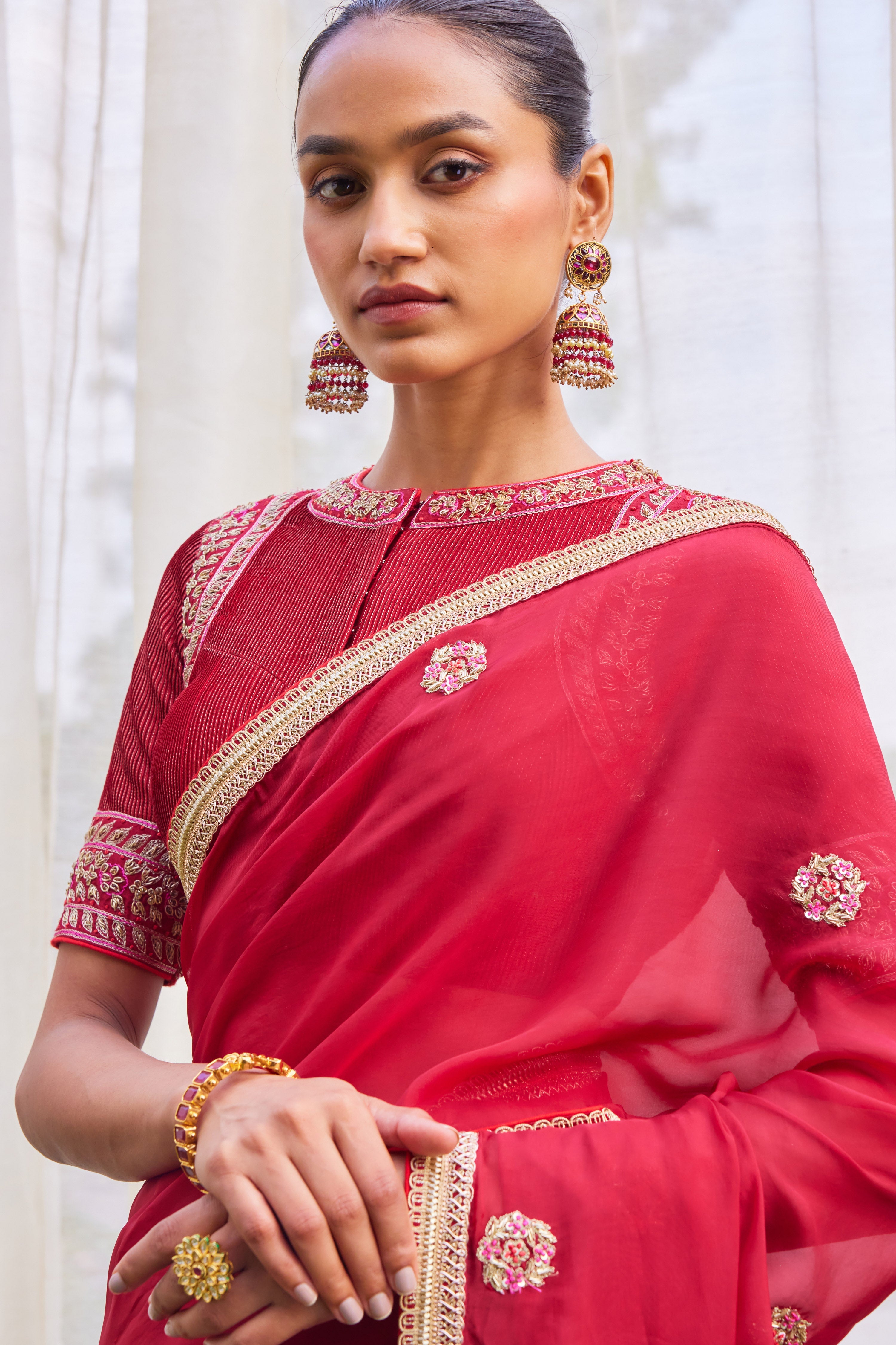 Red Maroon Saree Set.
