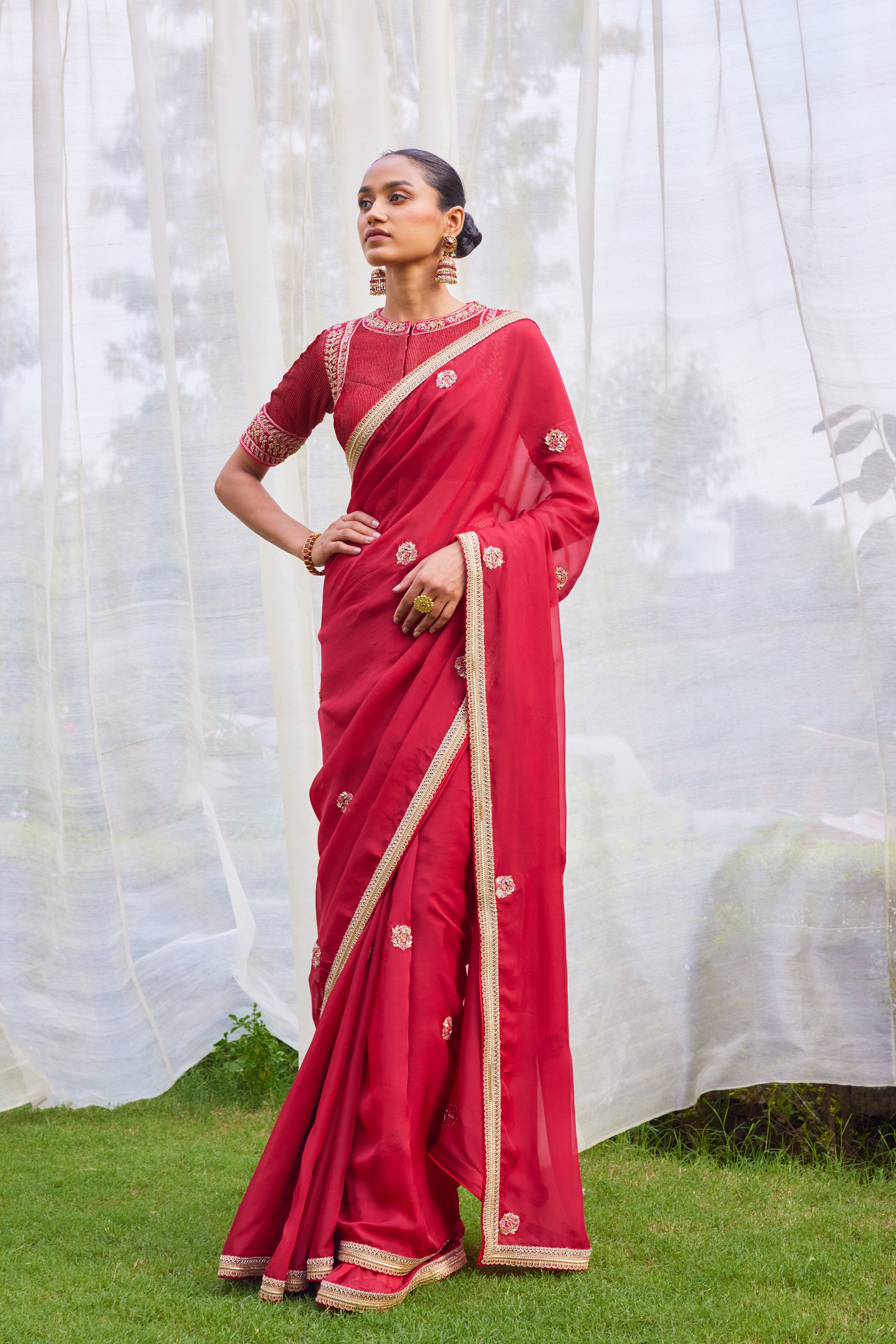Red Maroon Saree Set.