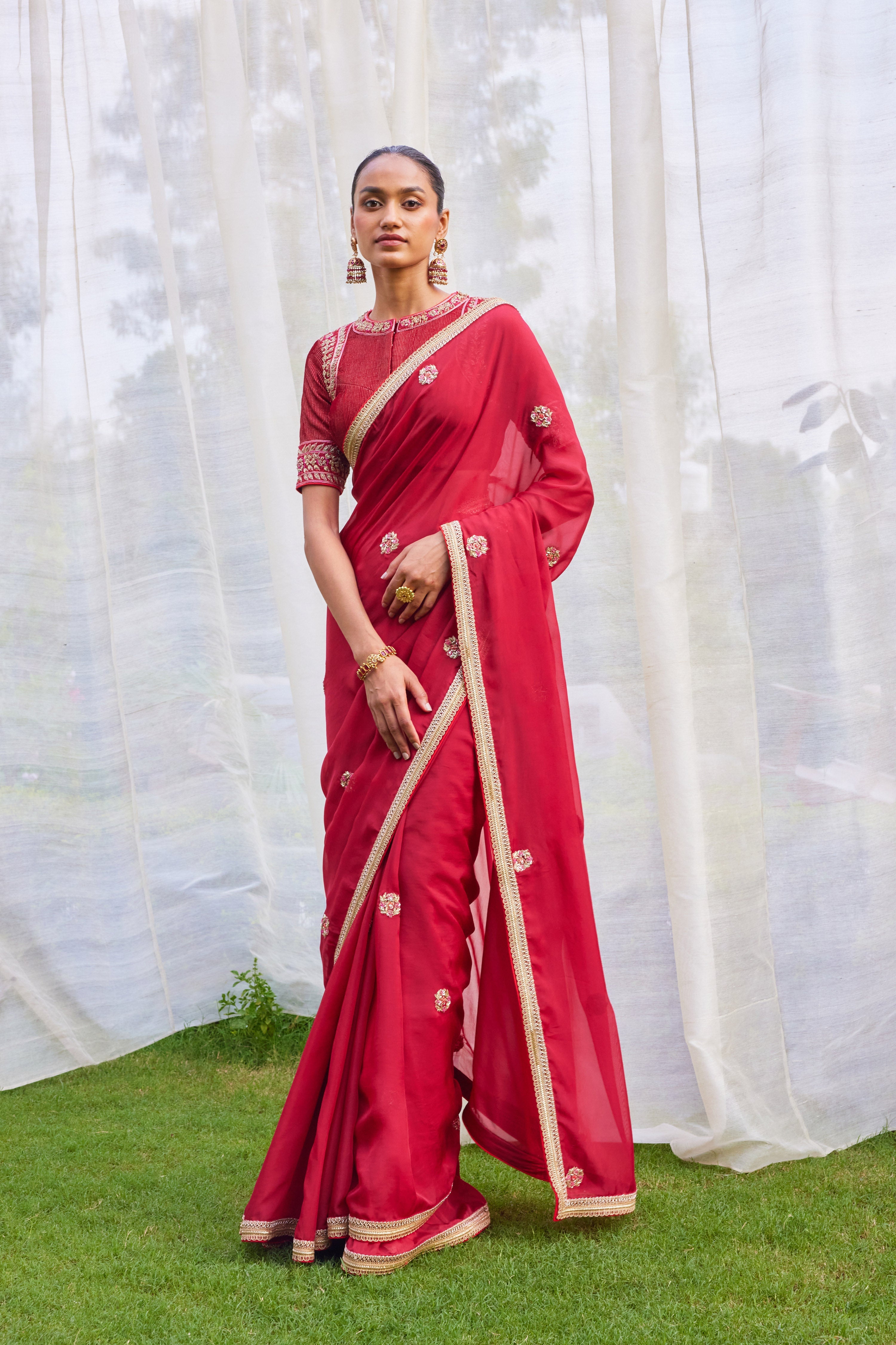 Red Maroon Saree Set.