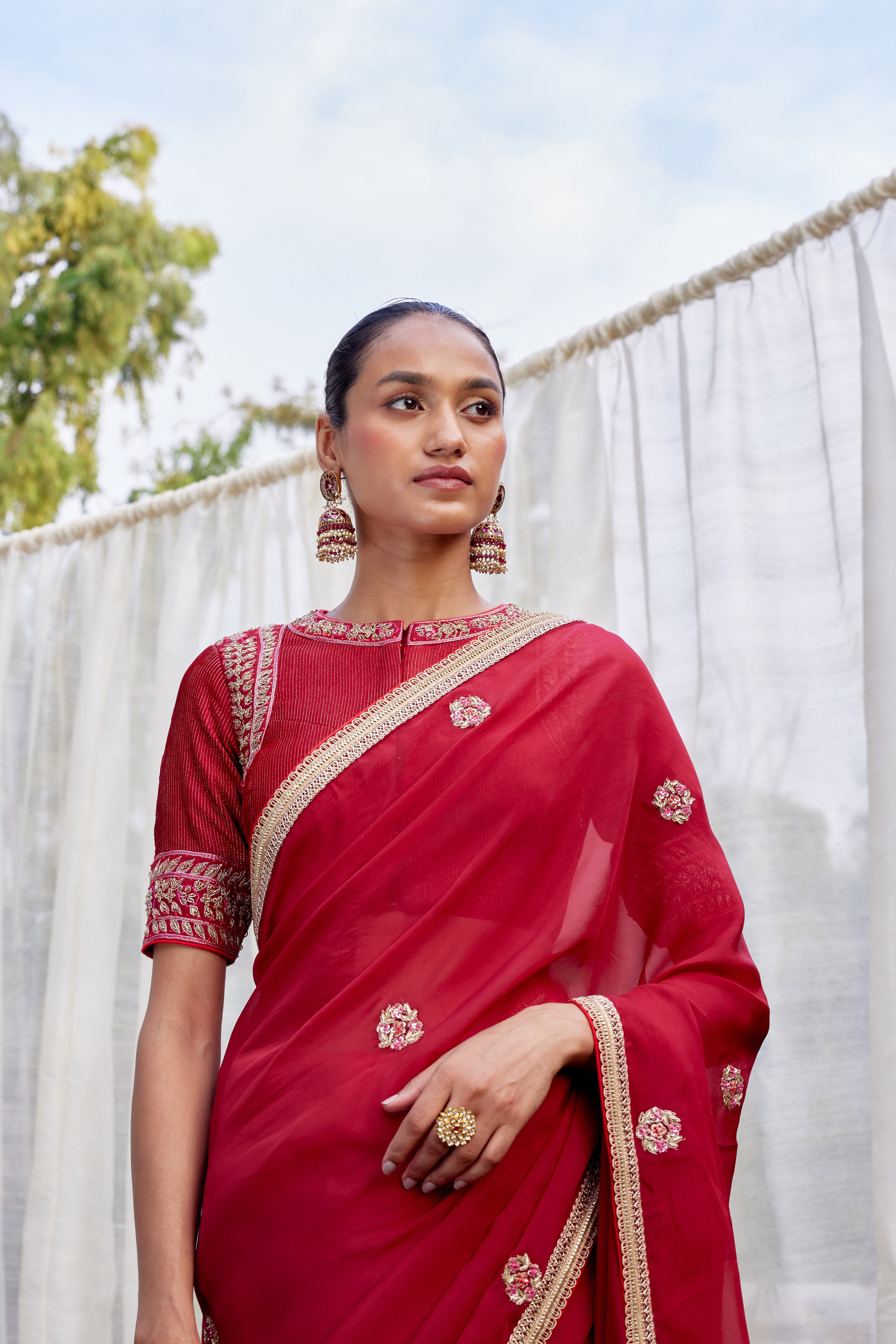 Red Maroon Saree Set.