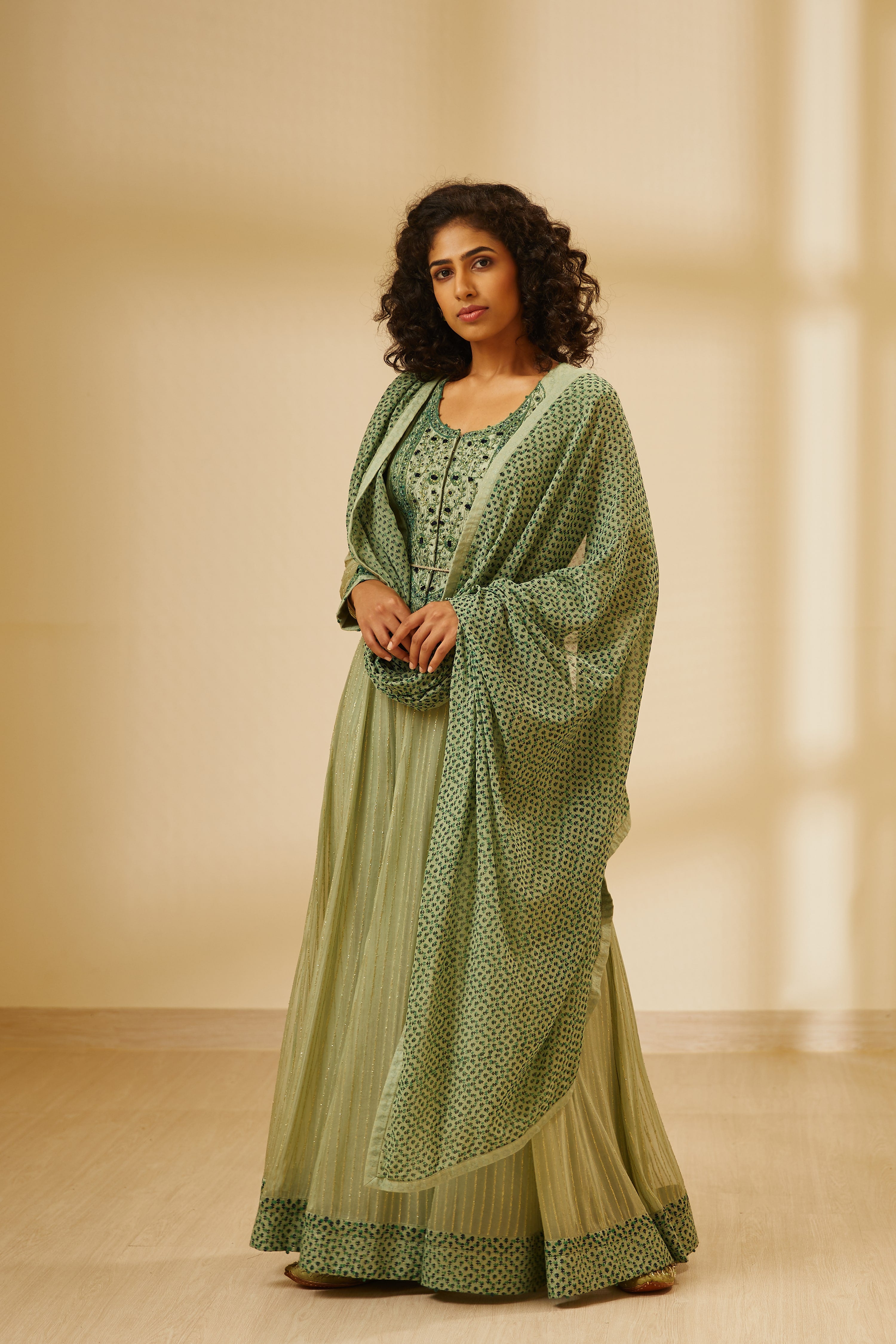 Printed Green Anarkali Set- front view