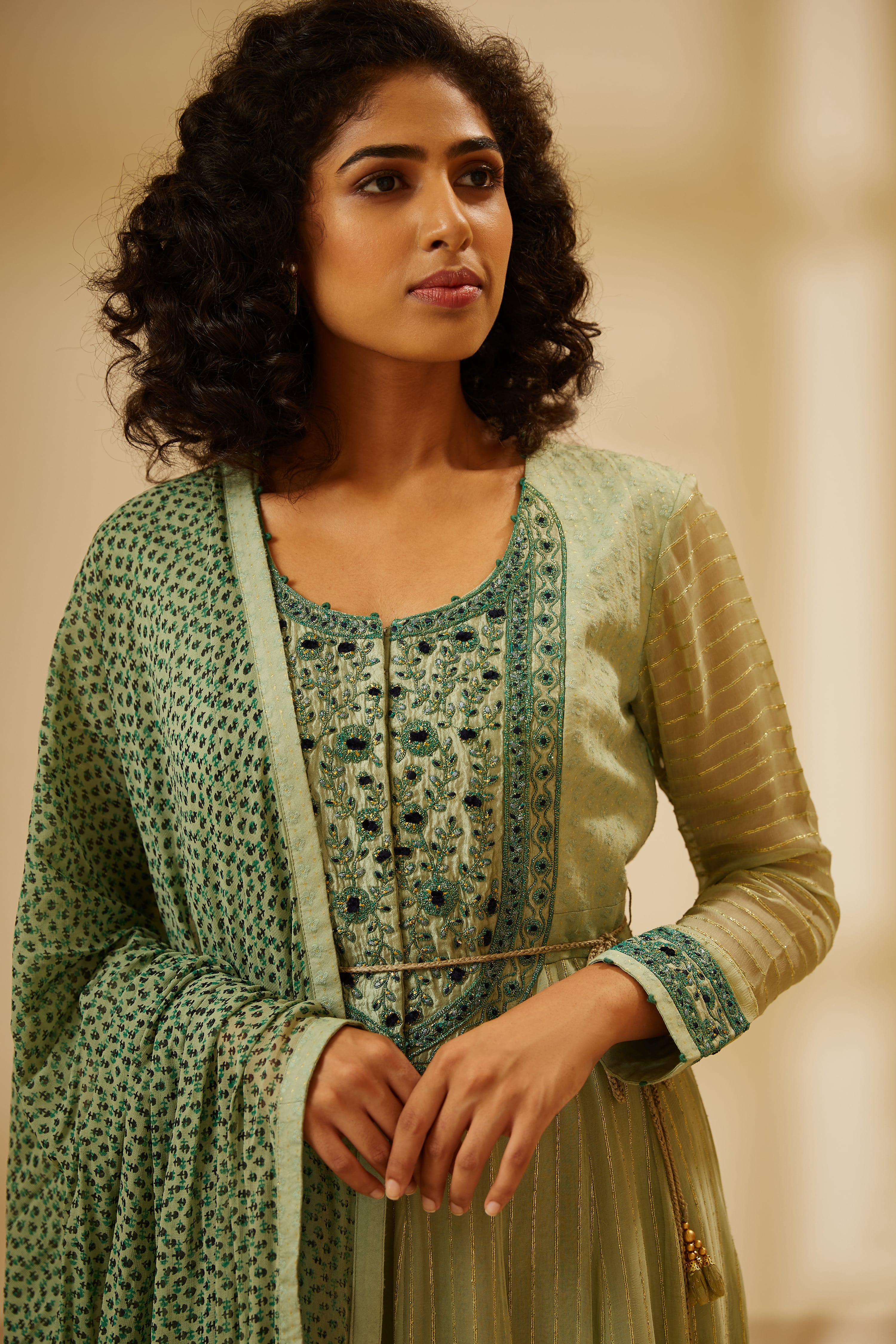 Printed Green Anarkali Set- close view