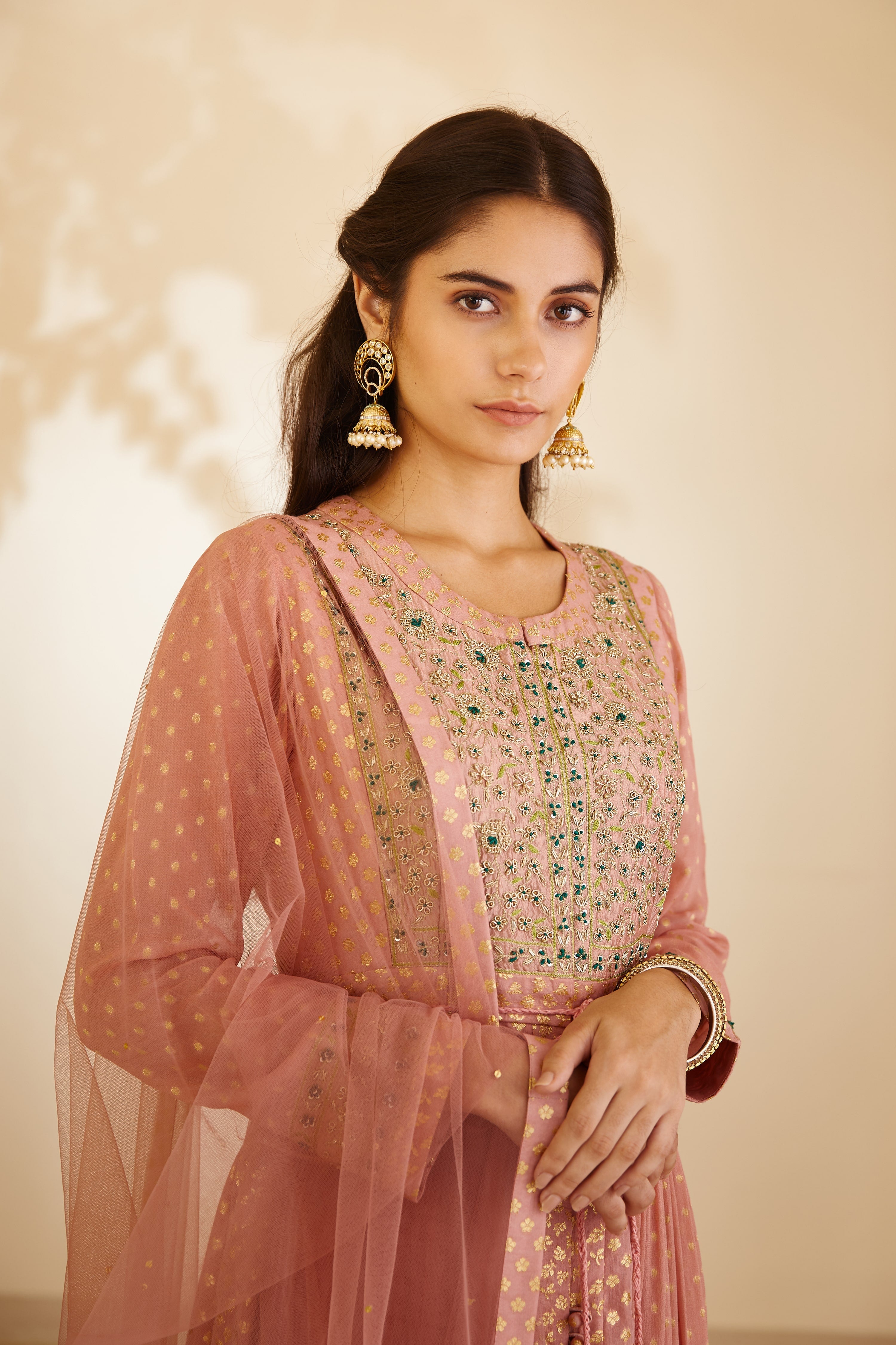  Blush Pink Embroidered Anarkali Set | Cotton and Clay