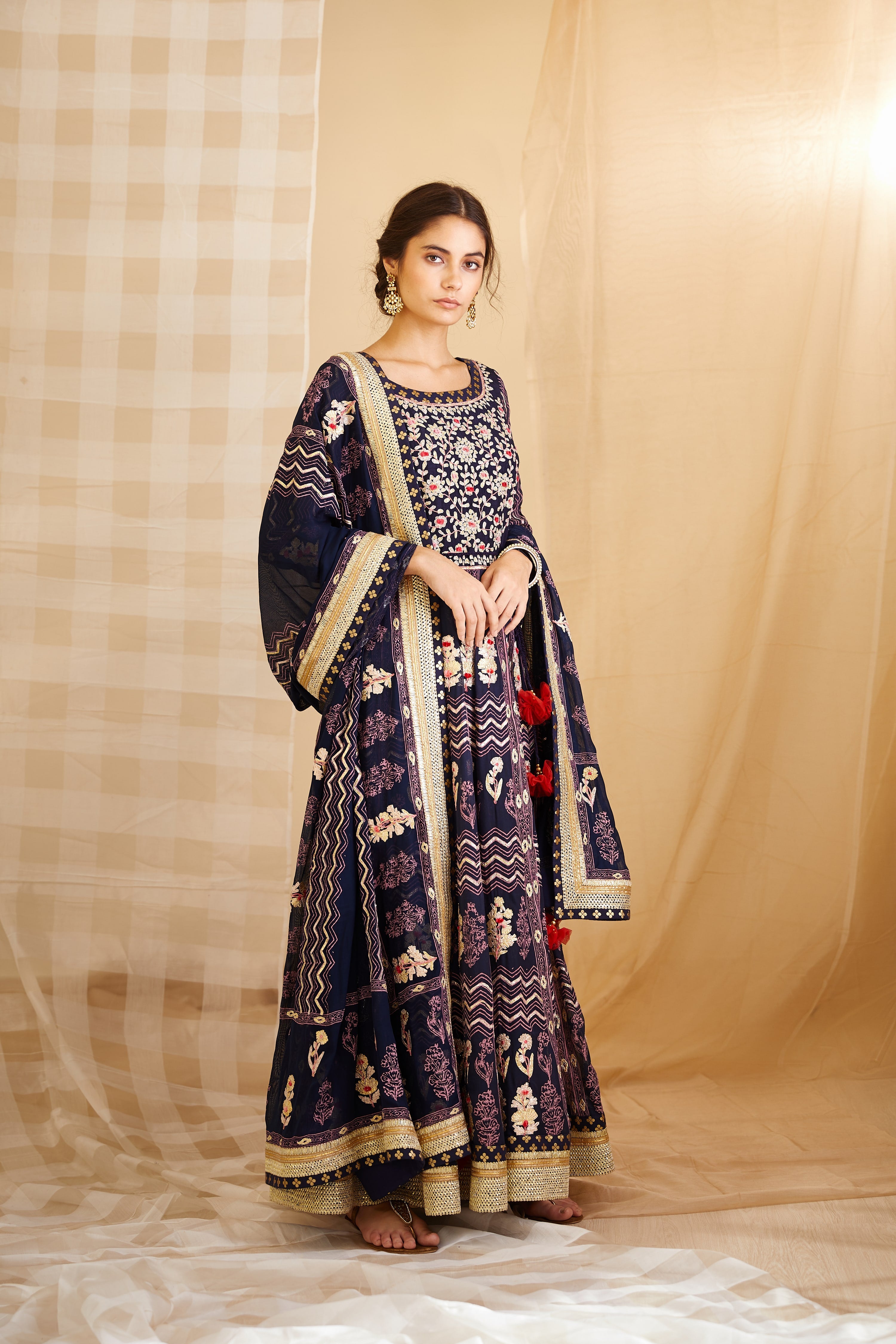 Navy Blue Anarkali Set.
