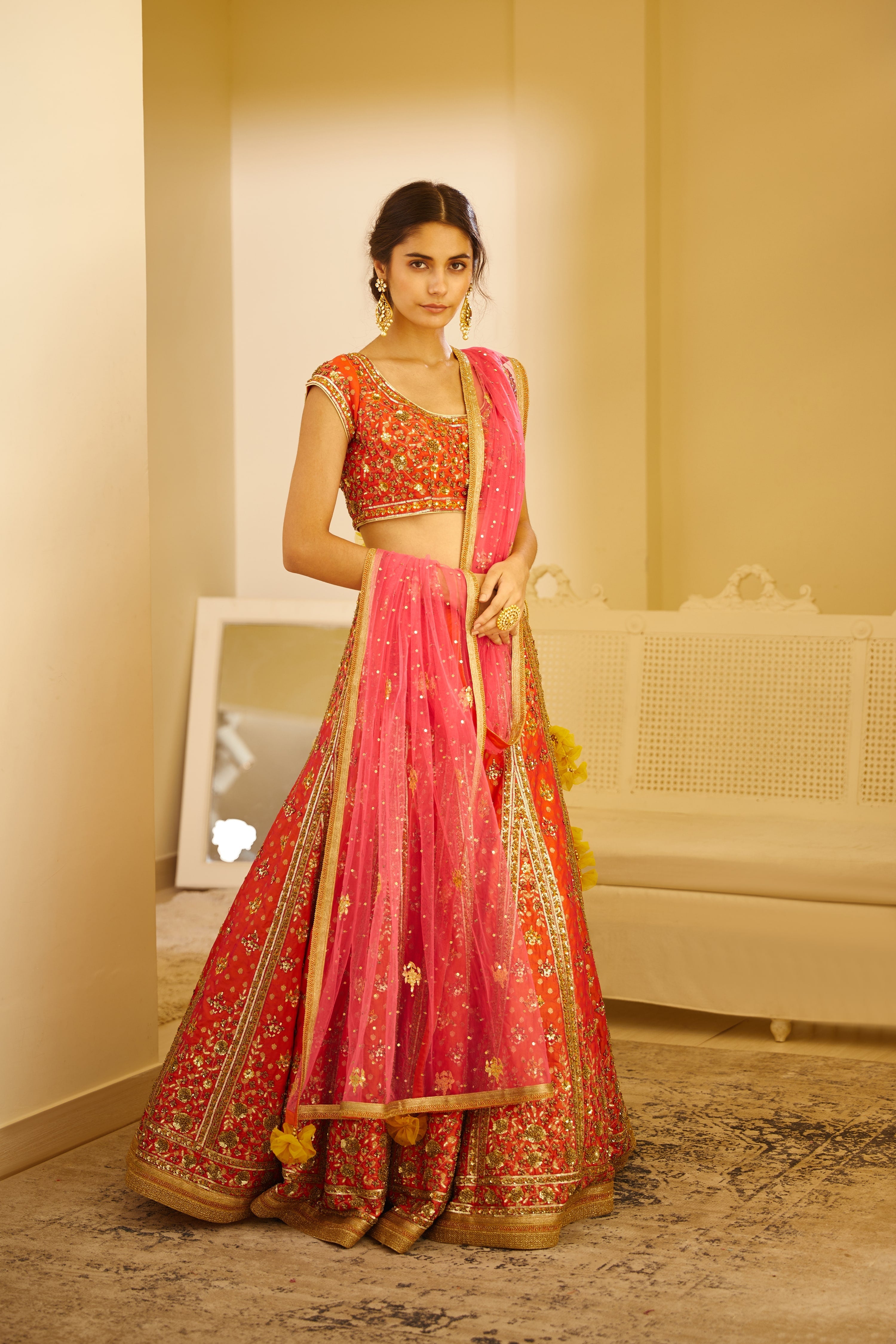 Coral Silk Lehenga Set- front view