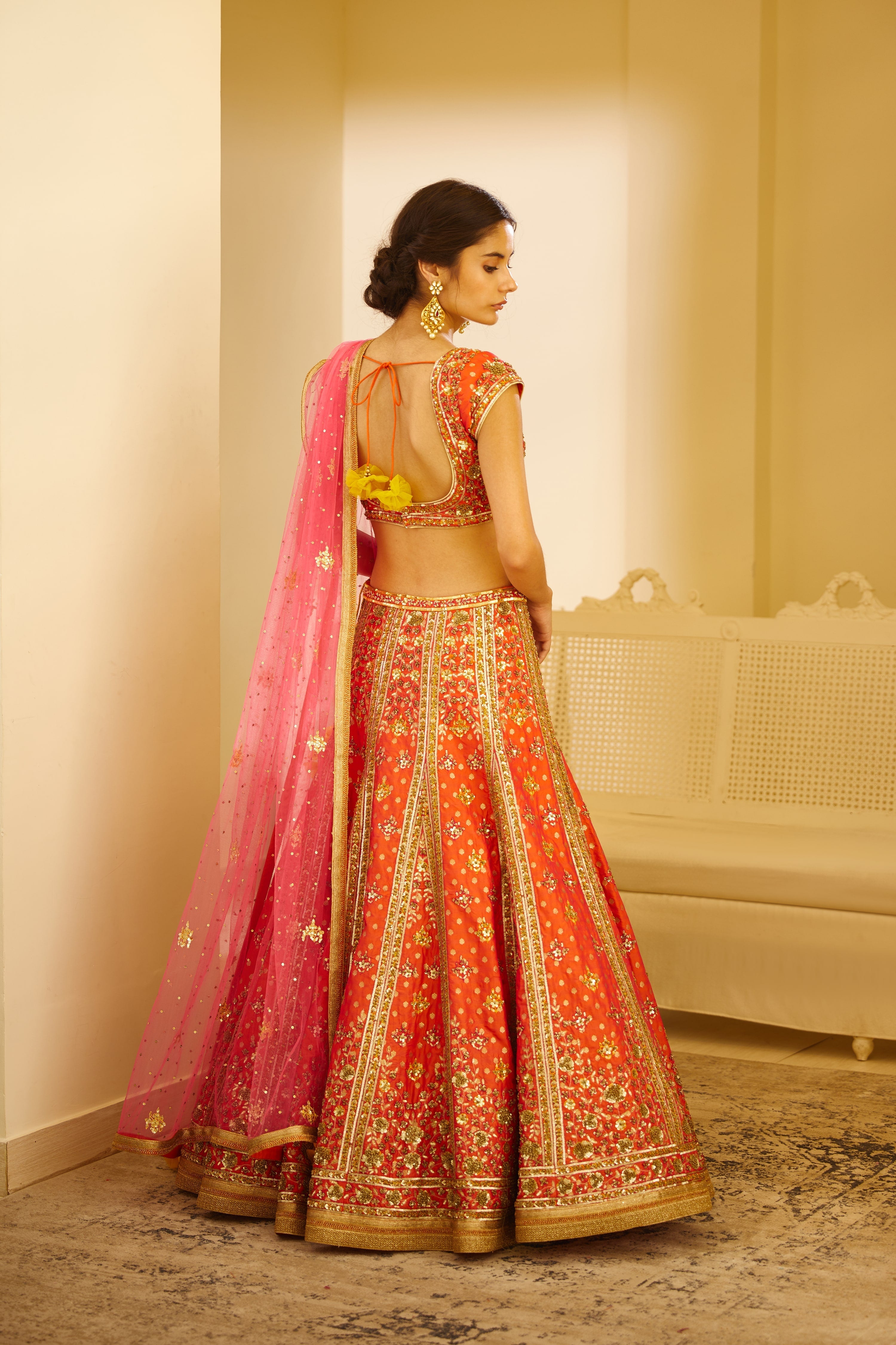 Coral Silk Lehenga Set- back view