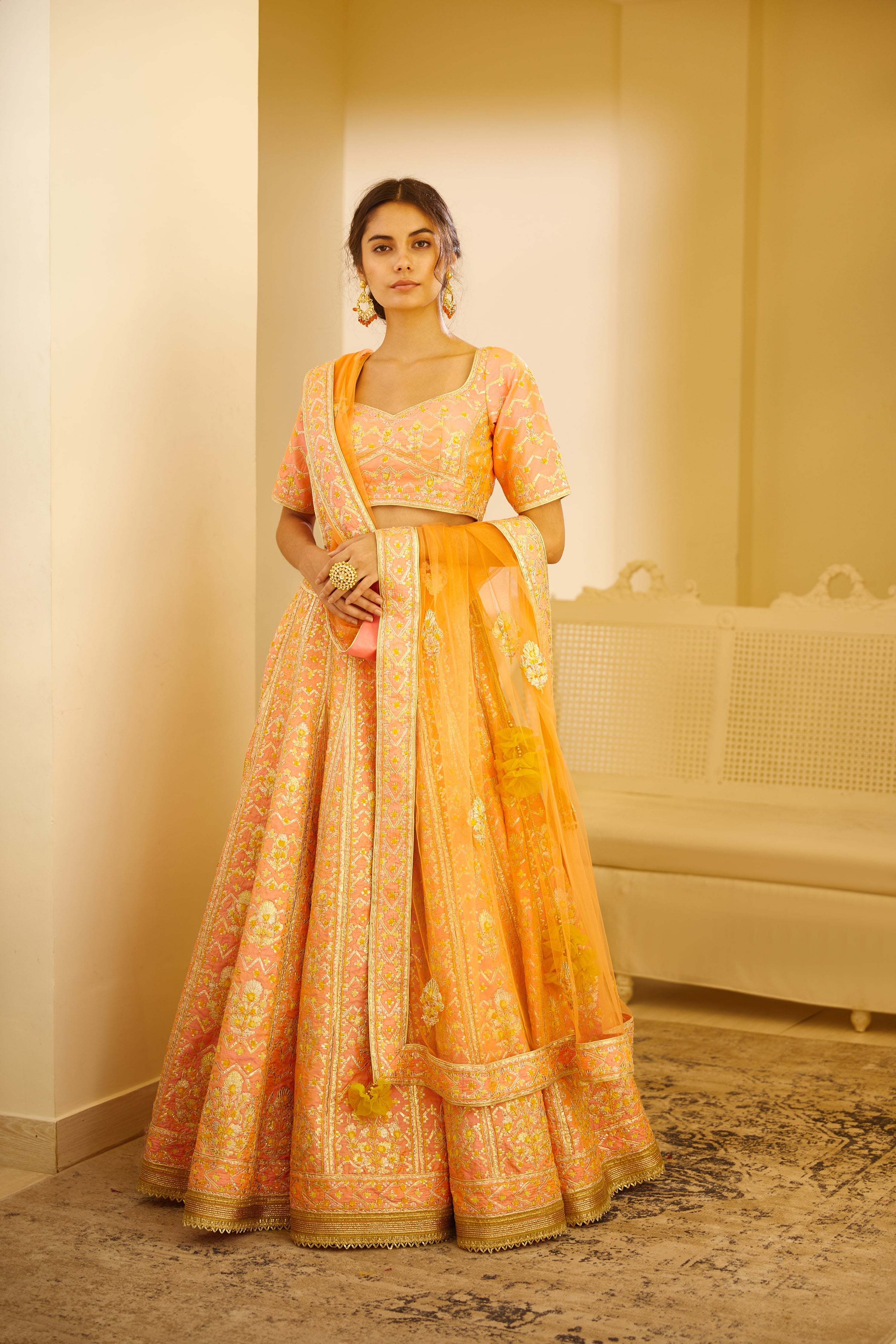 Pink Yellow Lehenga Set.