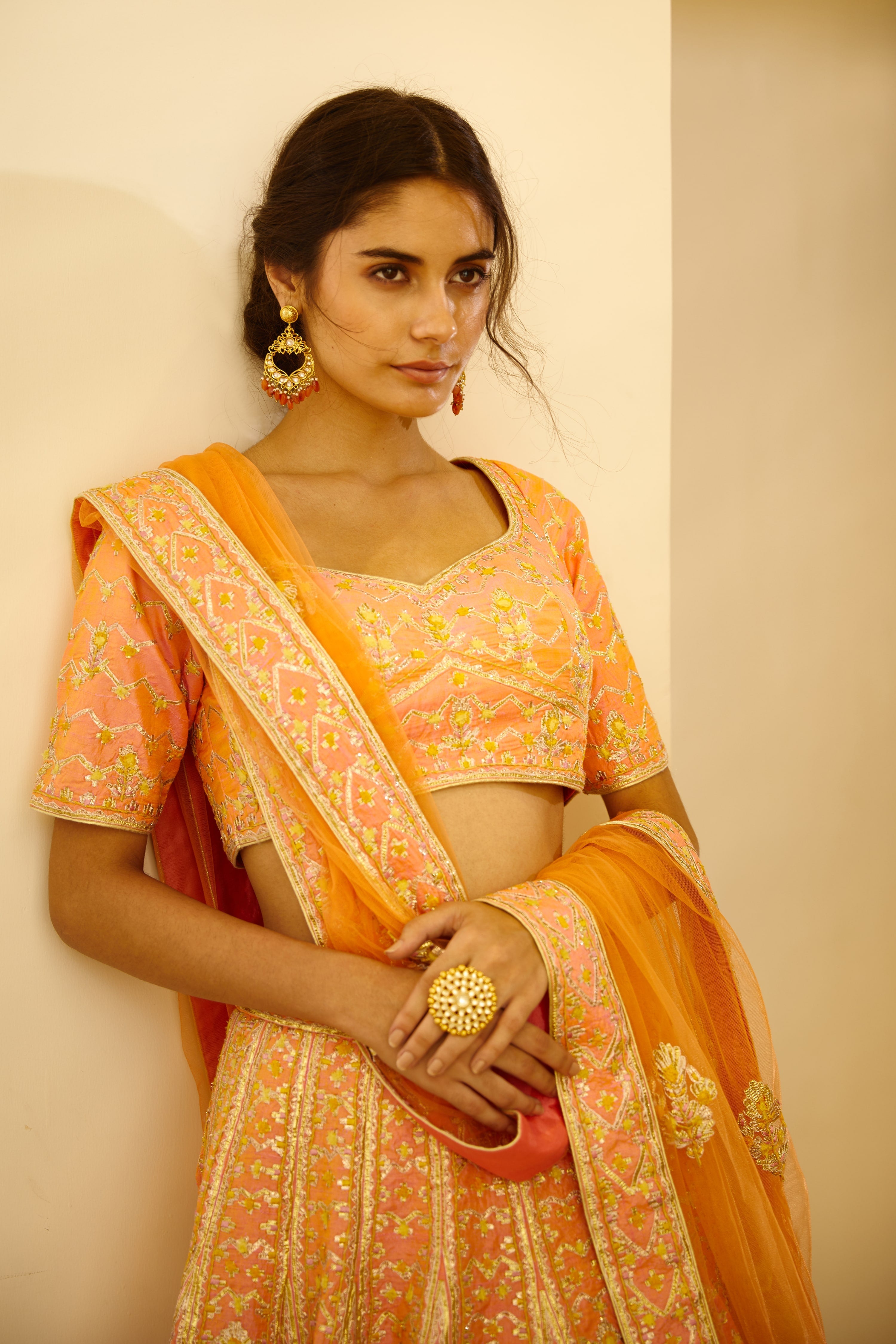 Pink Yellow Lehenga Set.
