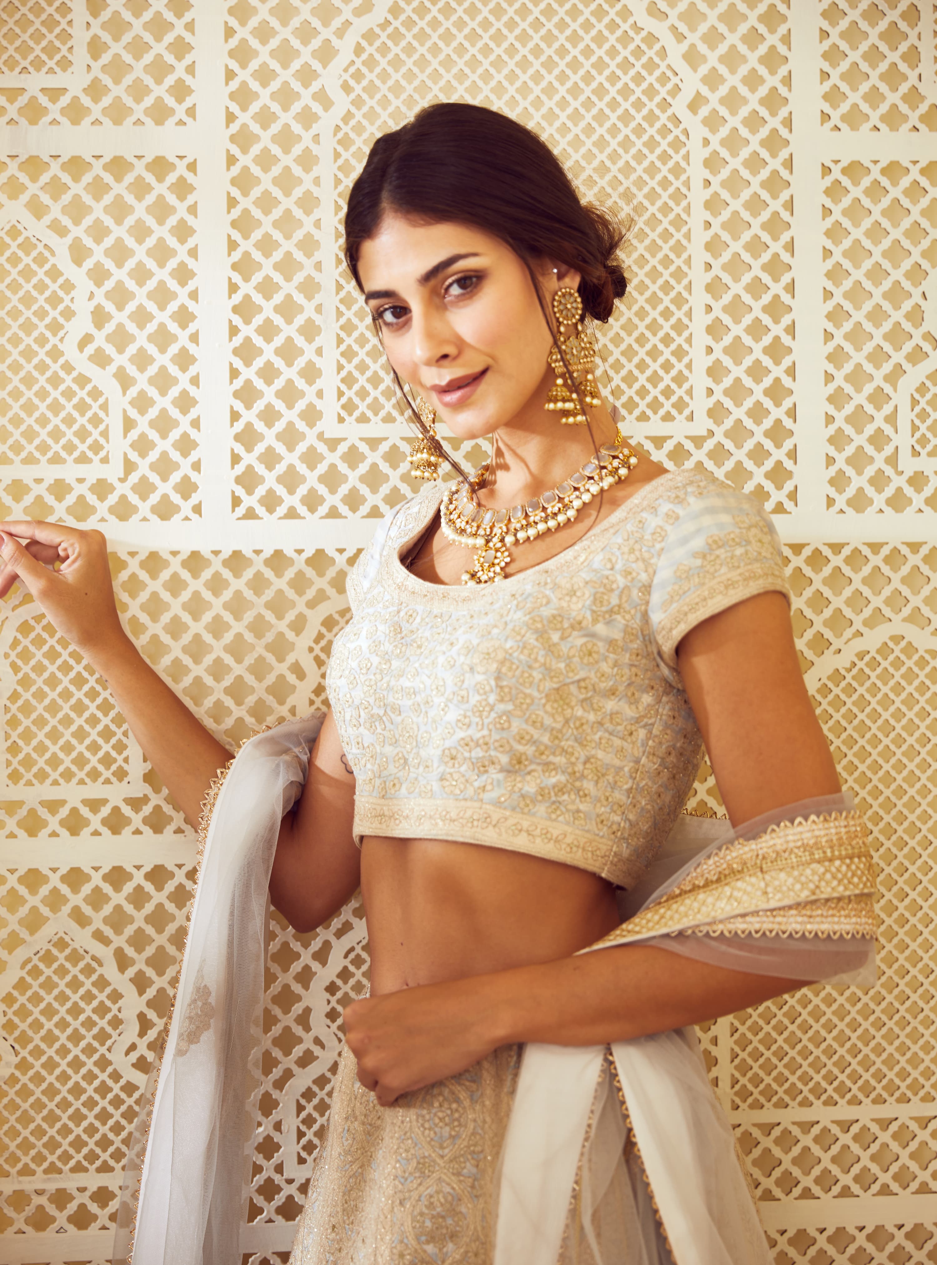 Ice Blue Gold Metallic Applique Silk Lehenga- close view