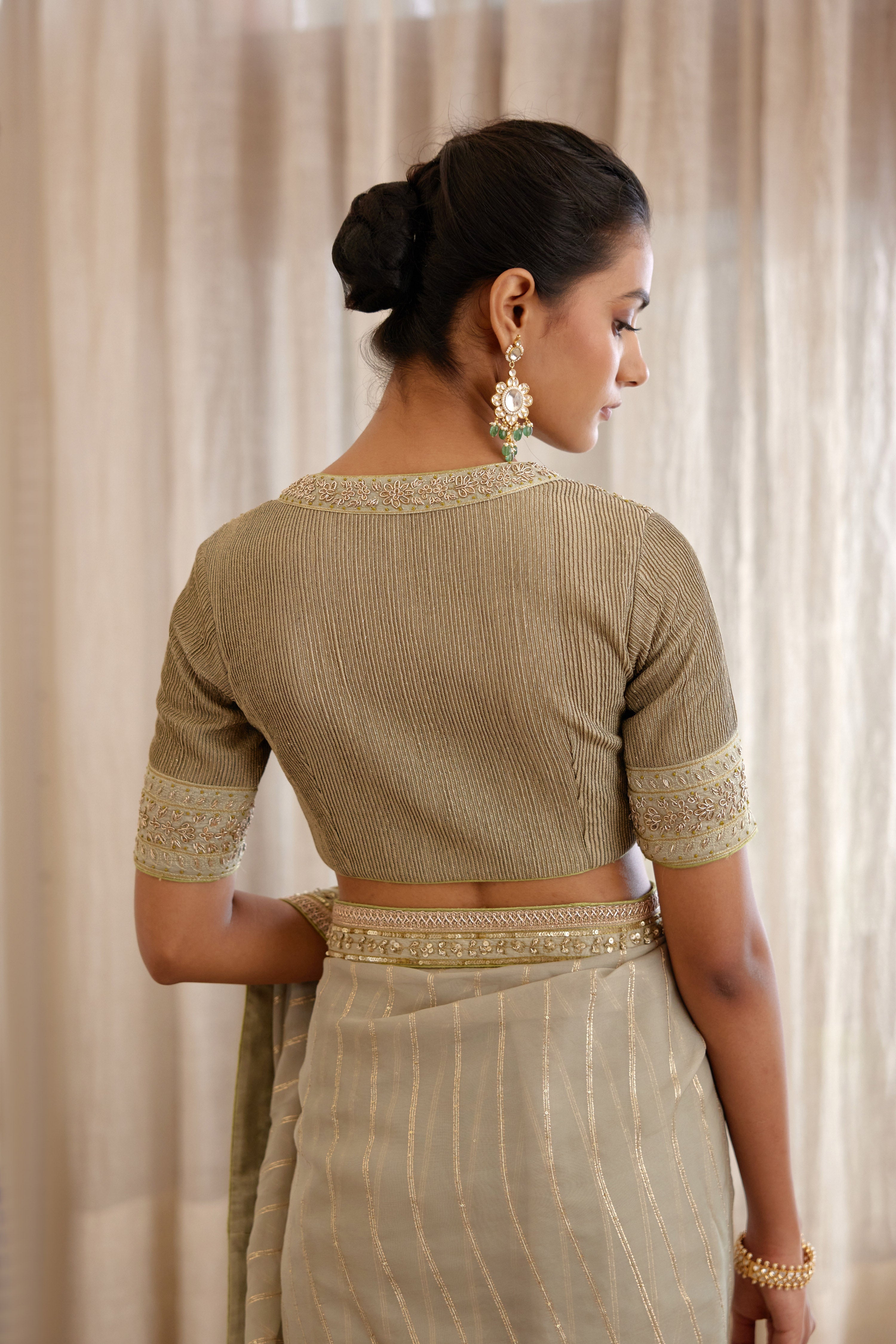 Designer Fog Green Saree Set- back view