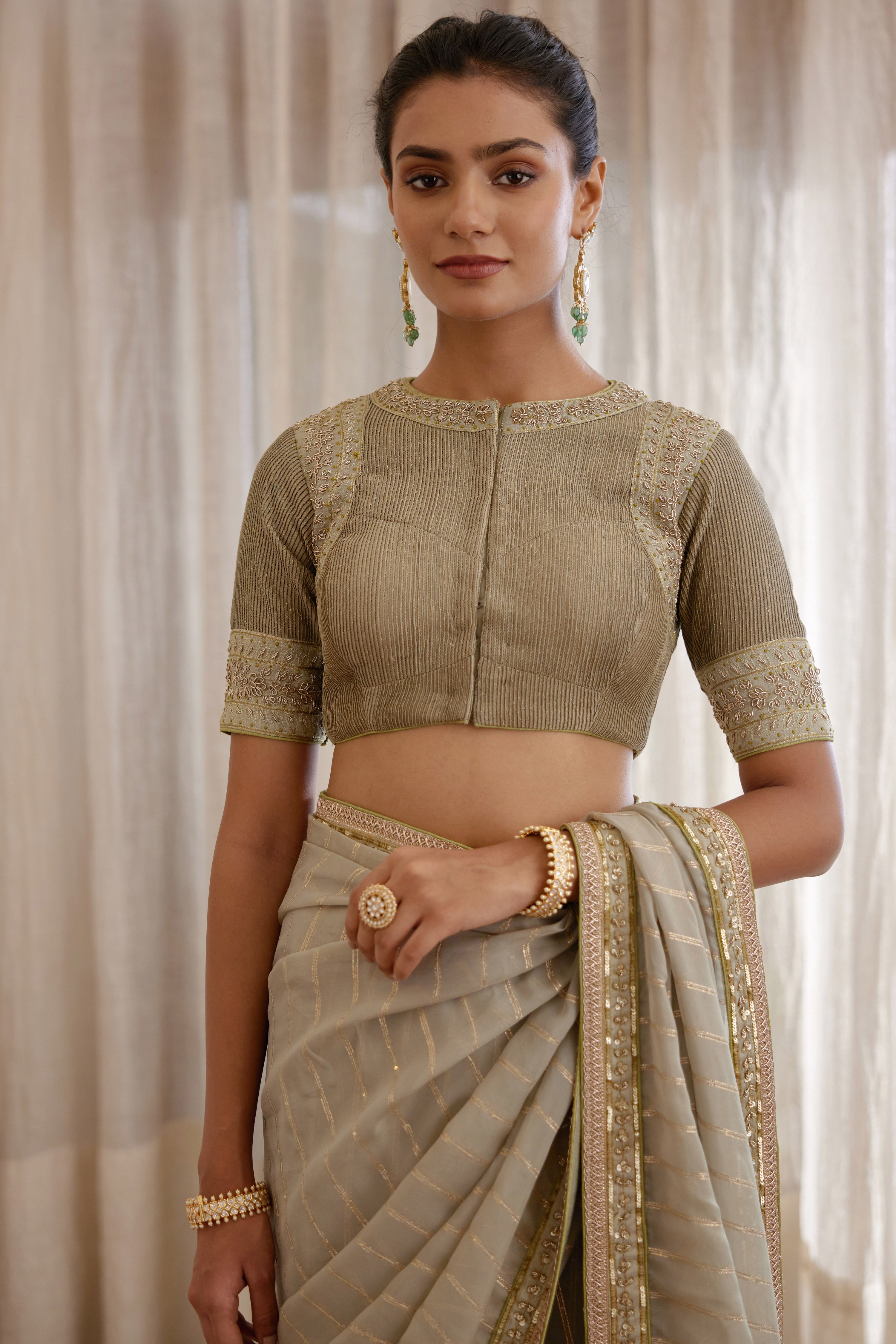 Designer Fog Green Saree Set- front view