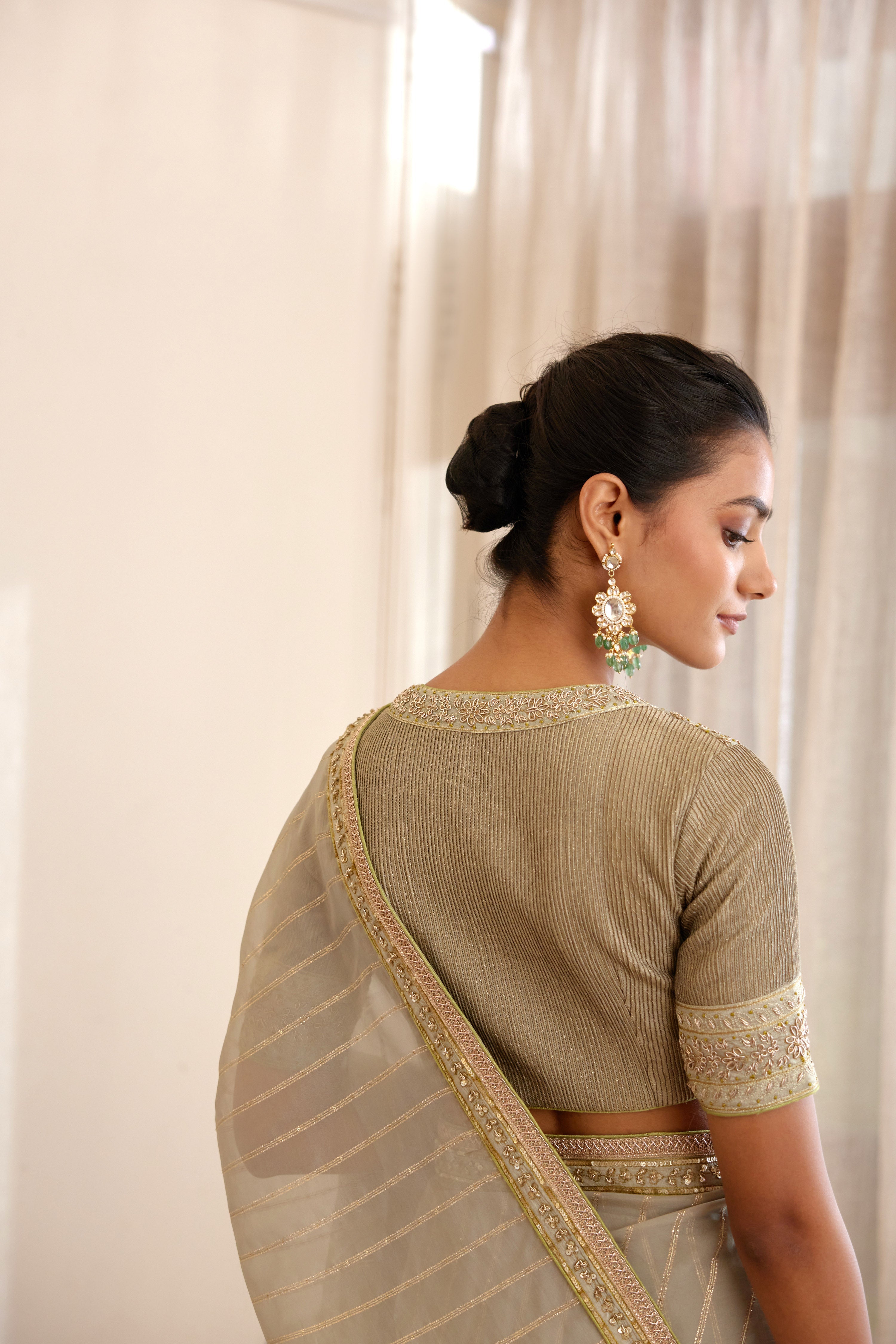 Designer Fog Green Saree Set- back view
