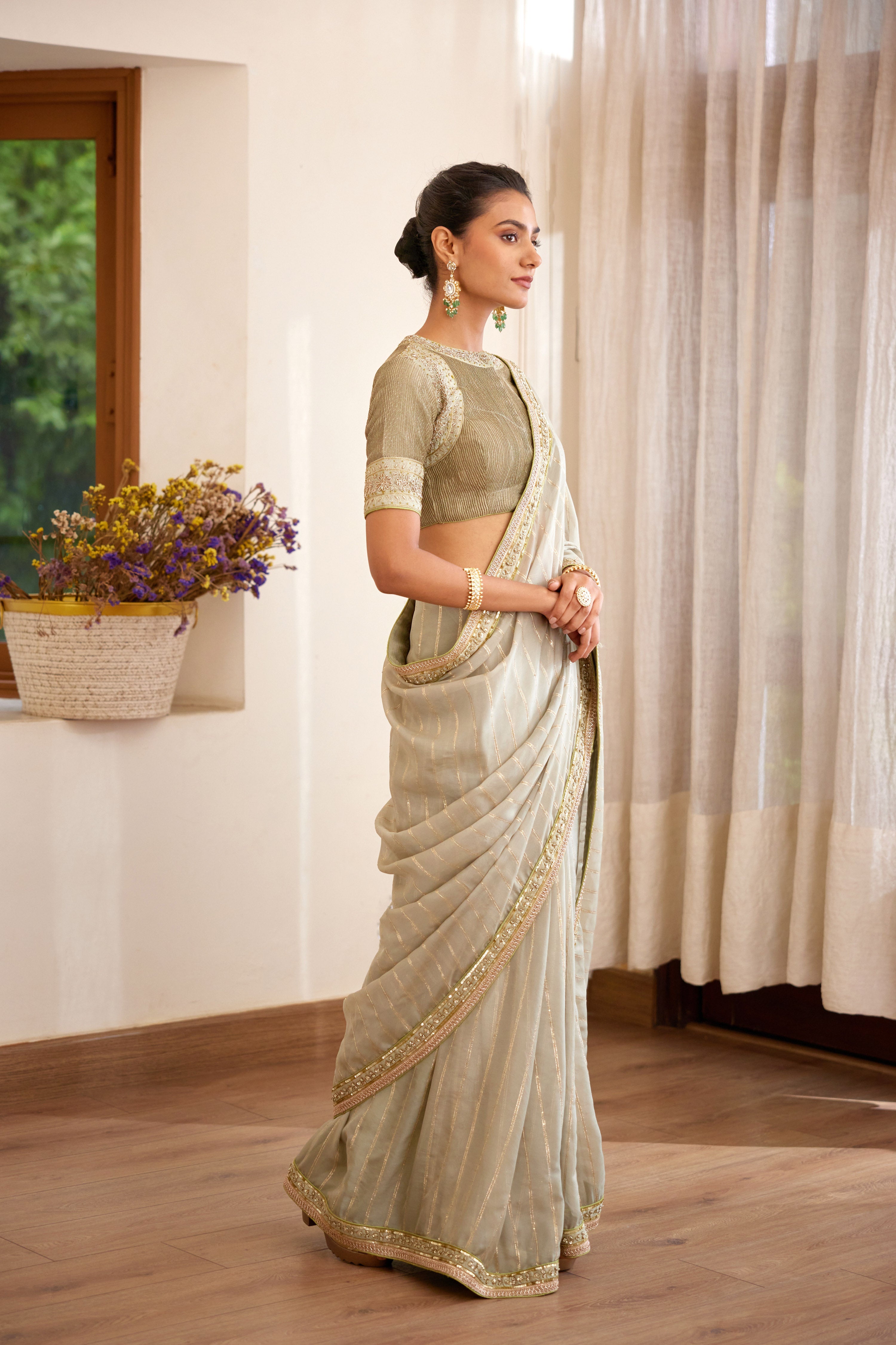 Designer Fog Green Saree Set- side view