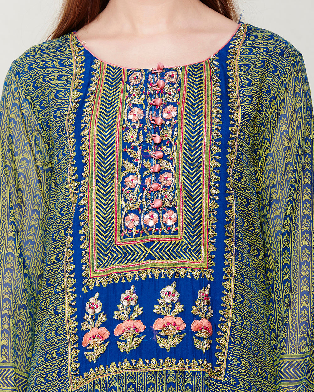 Carbon Blue Yellow Block Printed Anarkali- close view