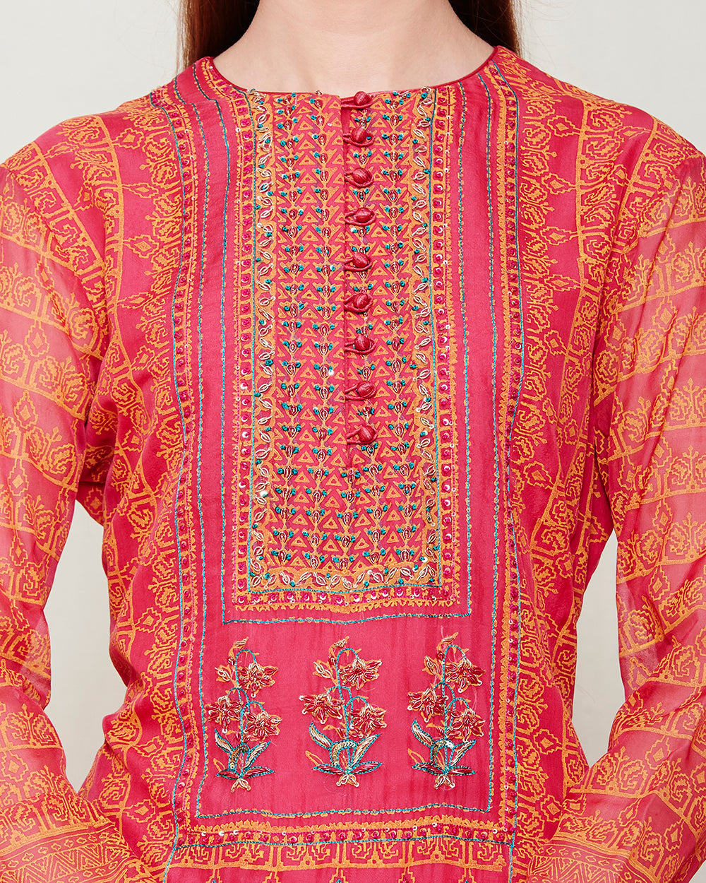 Coral Pink Flat Chiffon Kurta Set- close view