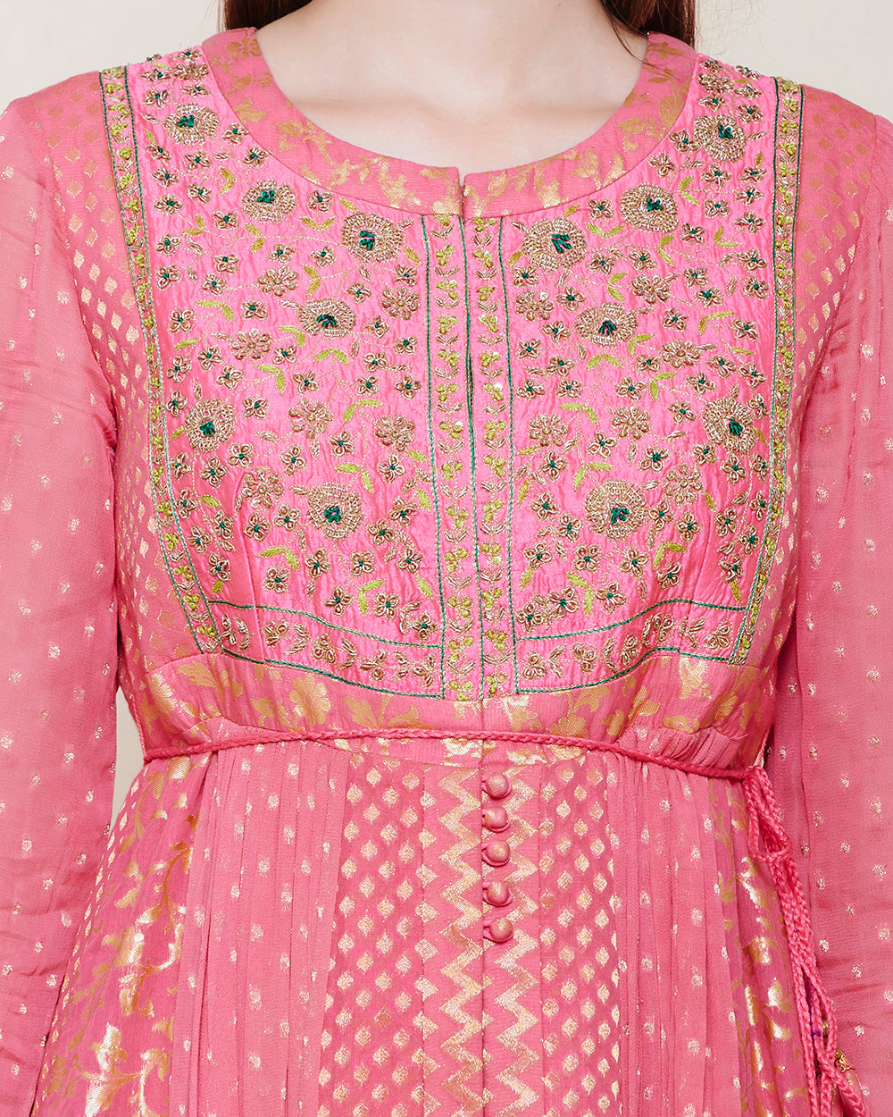 Georgette Dark Coral Pink Anarkali Set- close view