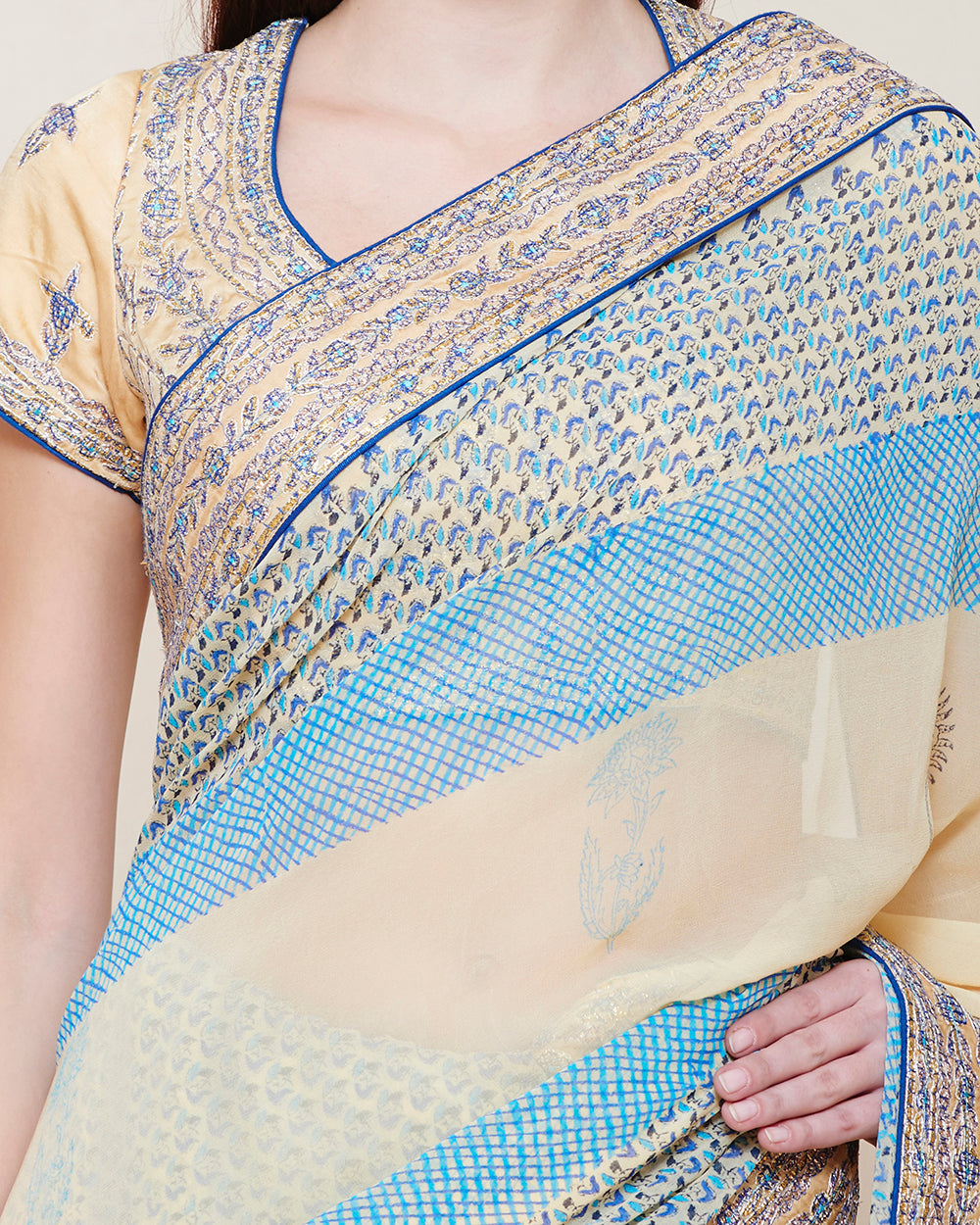 Beige Blue Gota Printed Saree/ close view