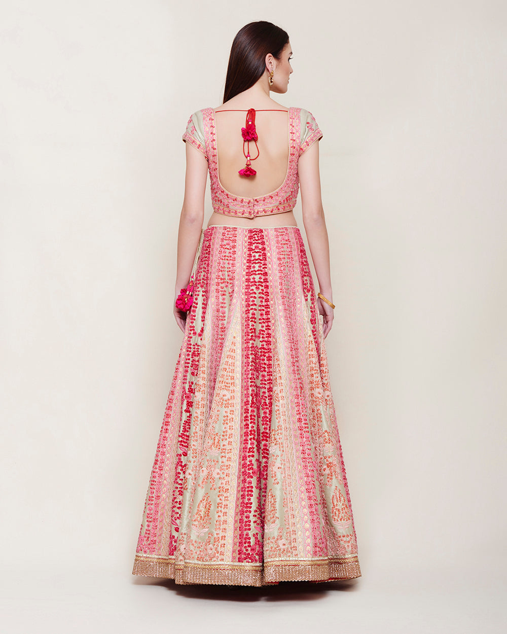 Gold Pink Thread Velvet Lehenga Set- back view