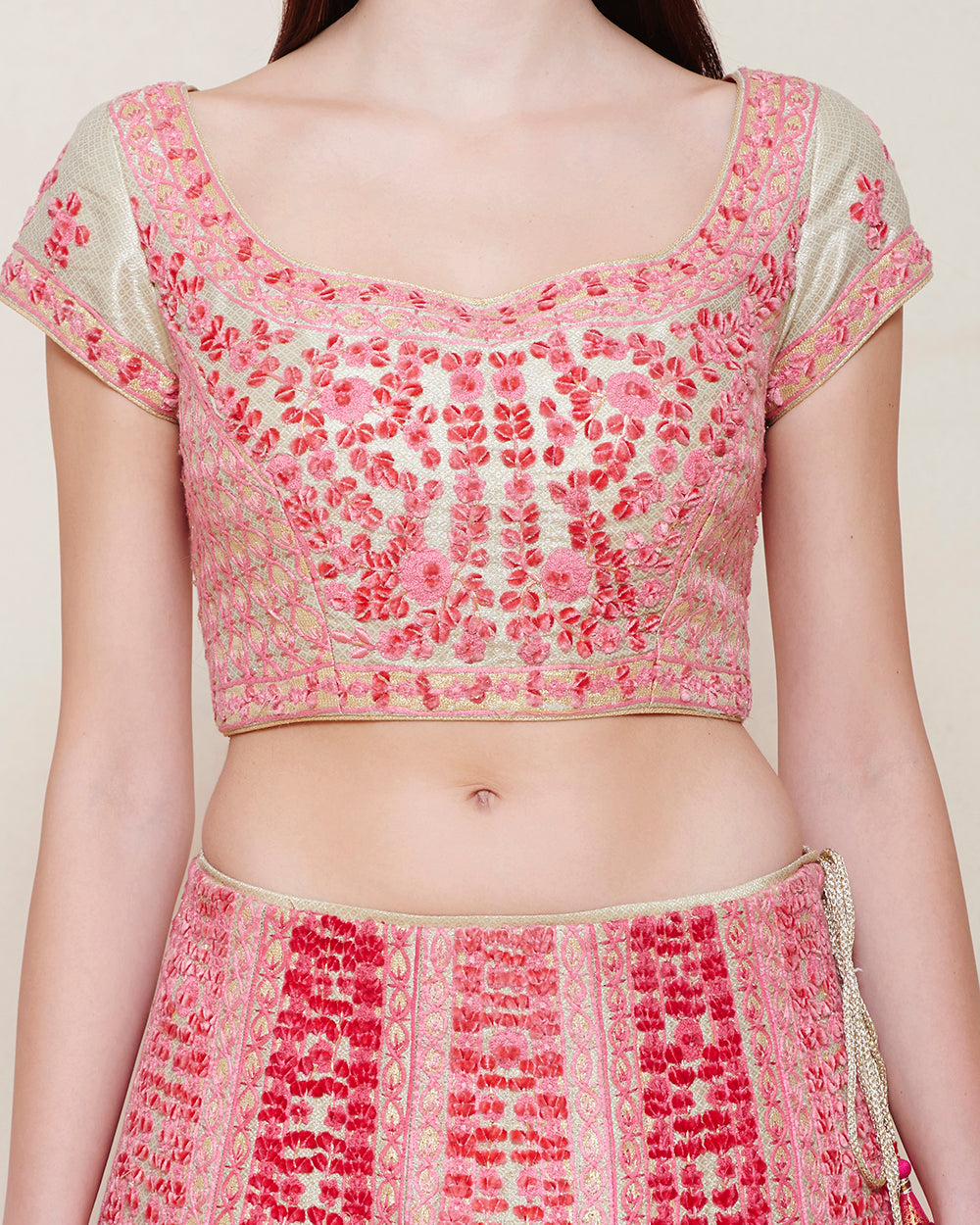 Gold Pink Thread Velvet Lehenga Set- close view