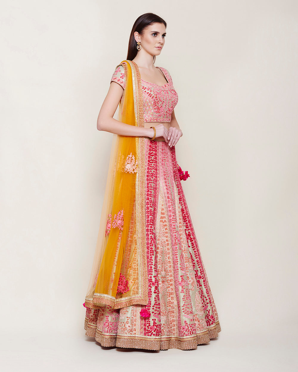 Gold Pink Thread Velvet Lehenga Set- side view
