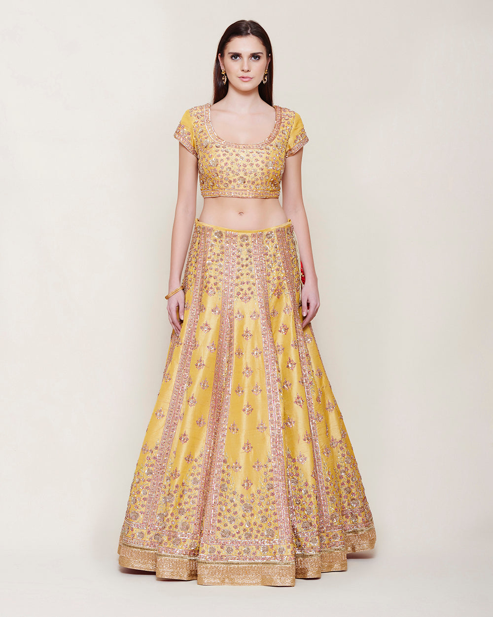 YELLOW PINK GOLD ZARDOZI LEHENGA