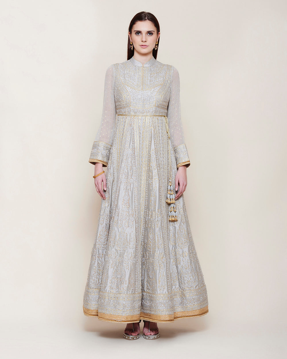 Grey Thread Work Long Anarkali Set- front view
