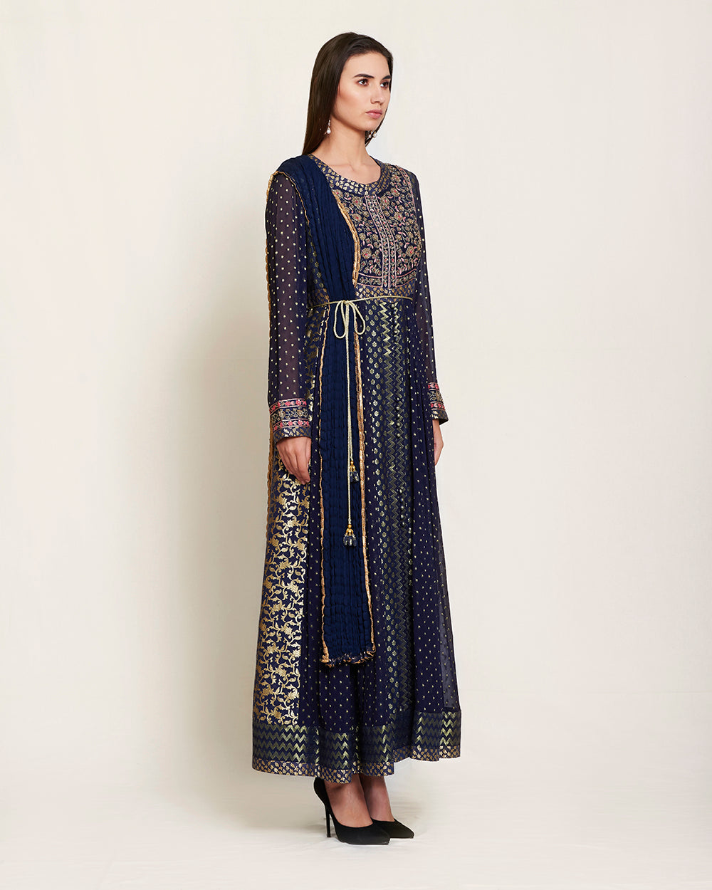 Navy blue anarkali set.