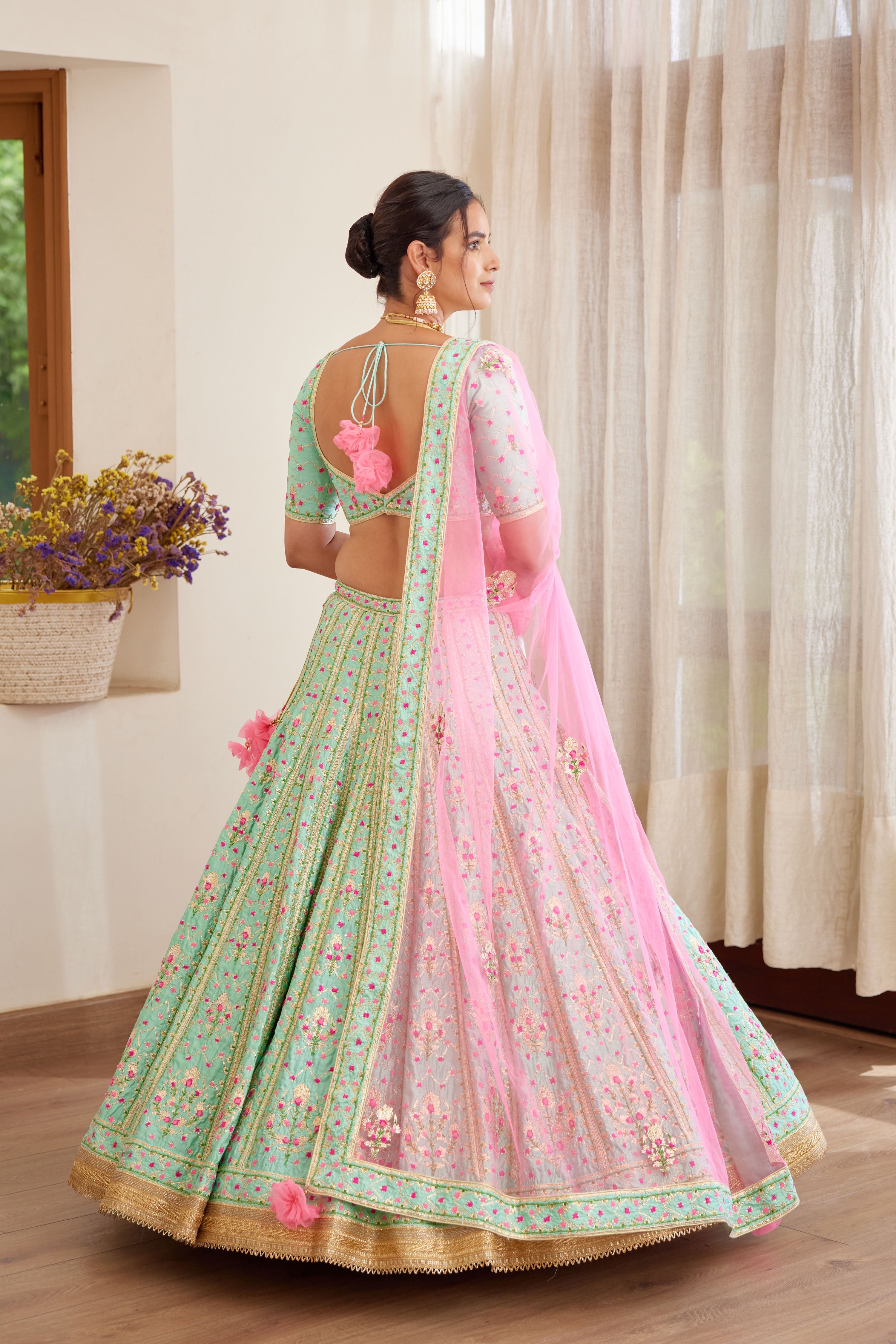 Sea Green & Pink Lehenga Set.