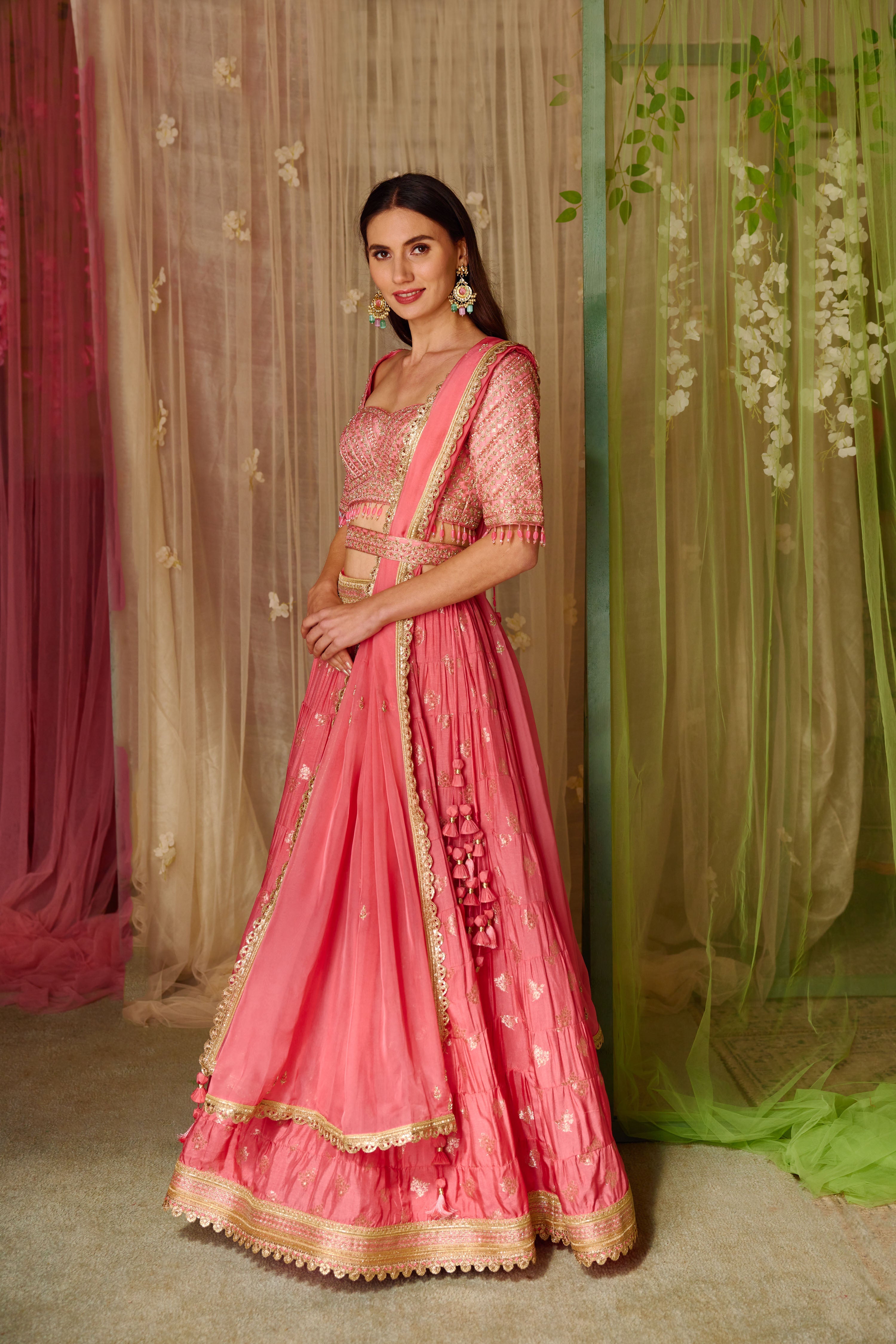 Coral Pink Lehenga Set- side view