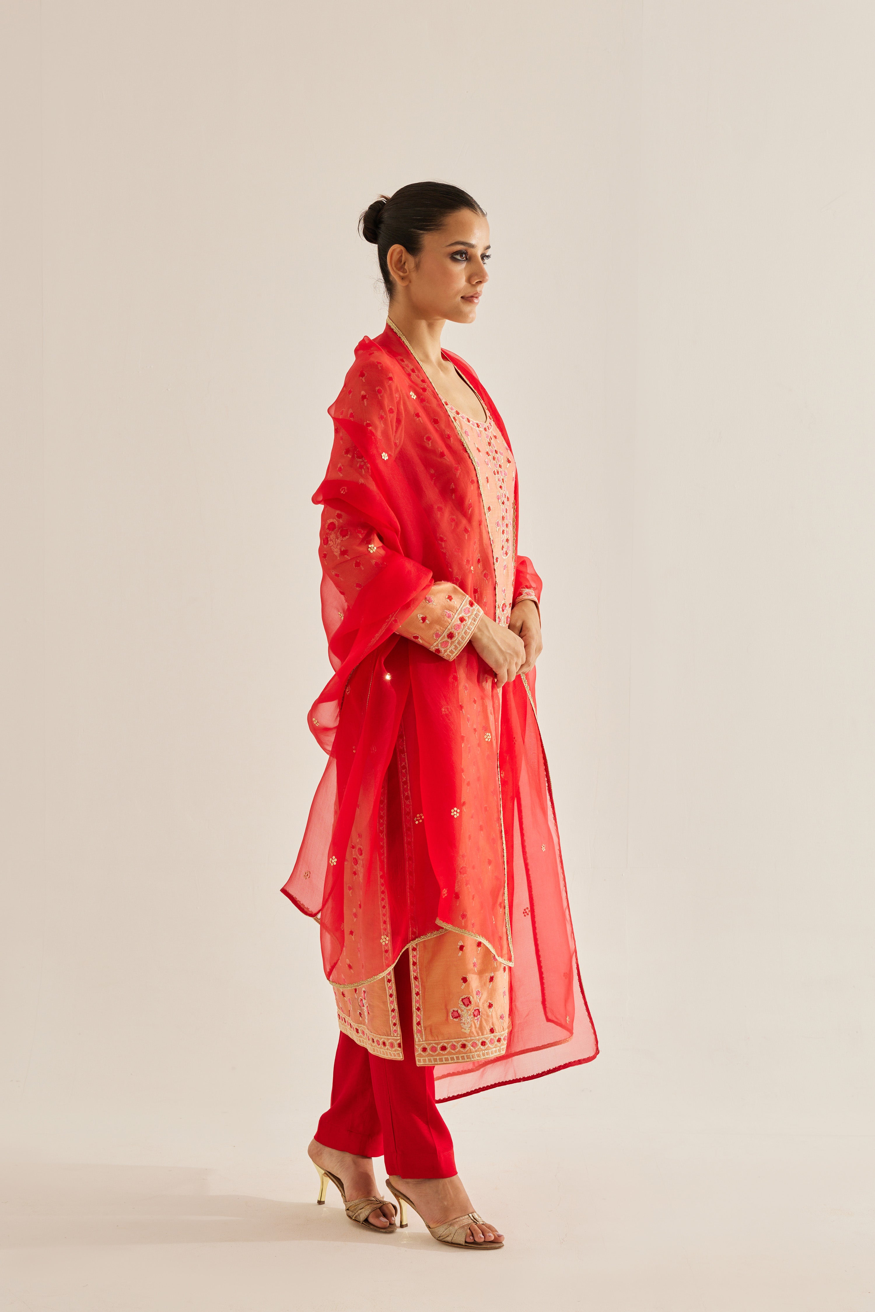 Coral Red Kurta Set- side view