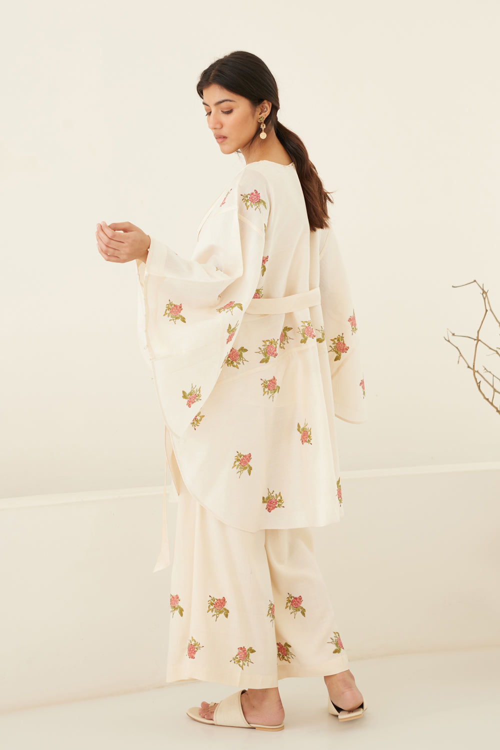  Women's Pristine White Printed Kimono Set | Cotton and Clay
