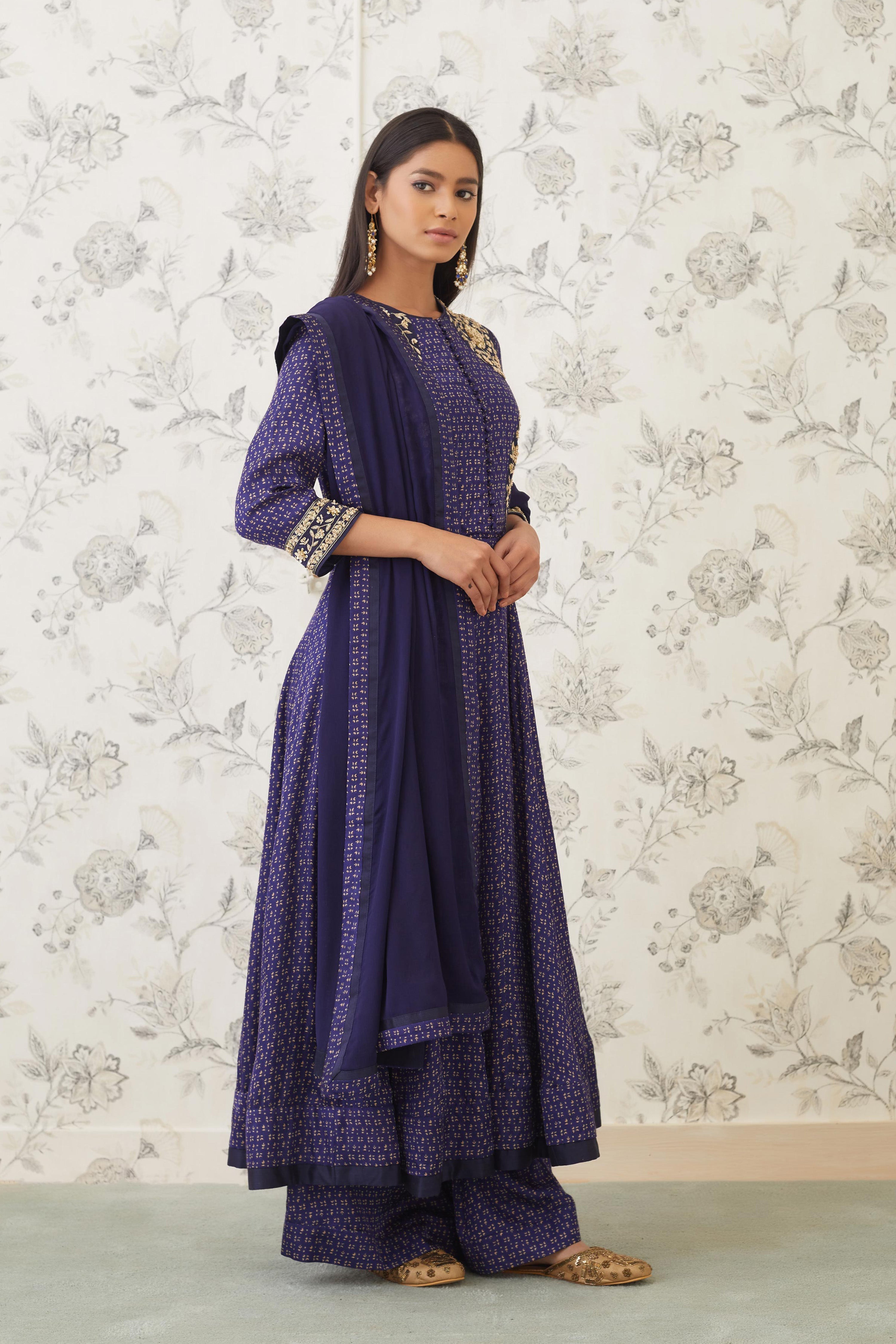 Block Printed Cotton Satin Front Open Kurta/ side view