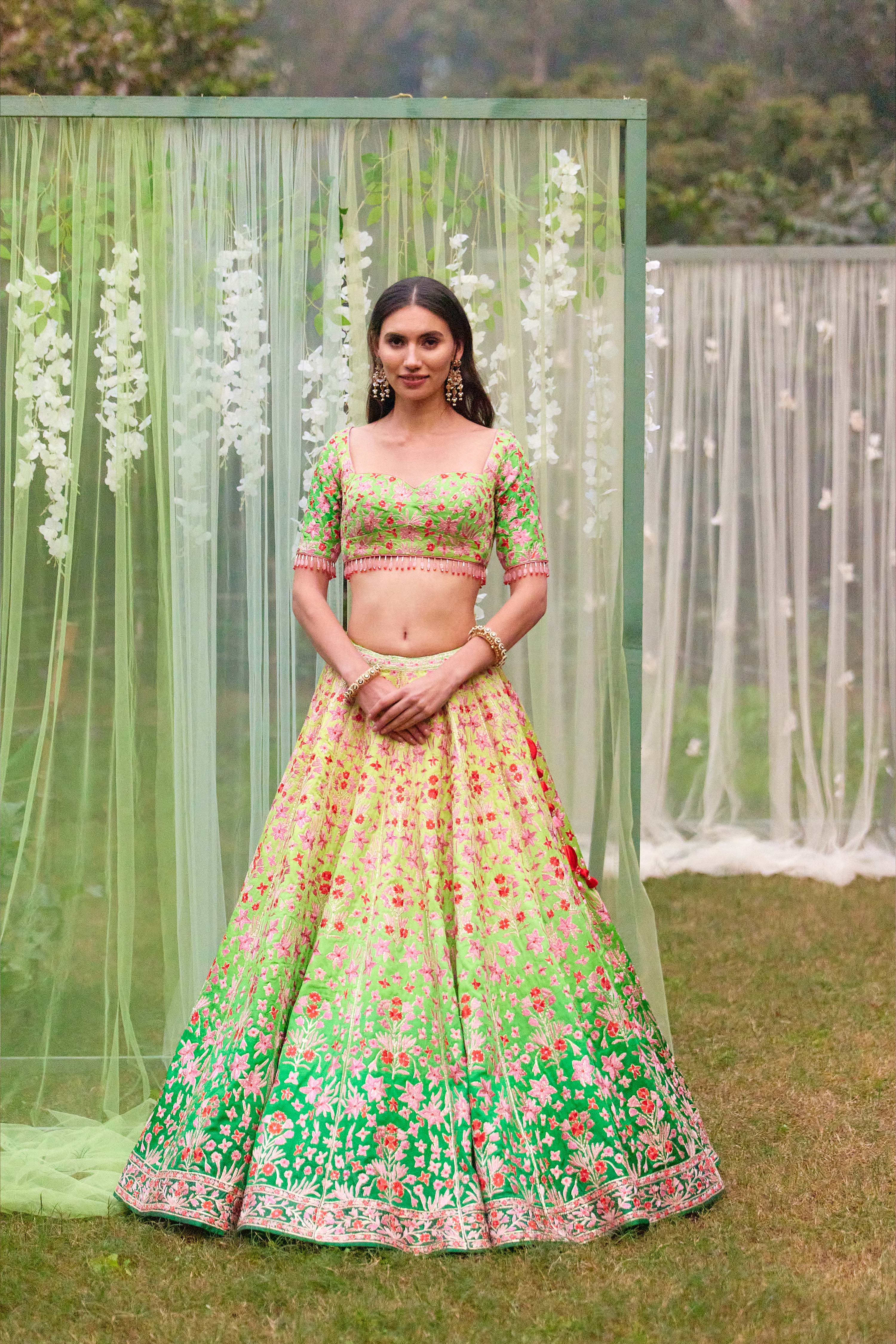 Green Shaded Silk Lehenga- front view