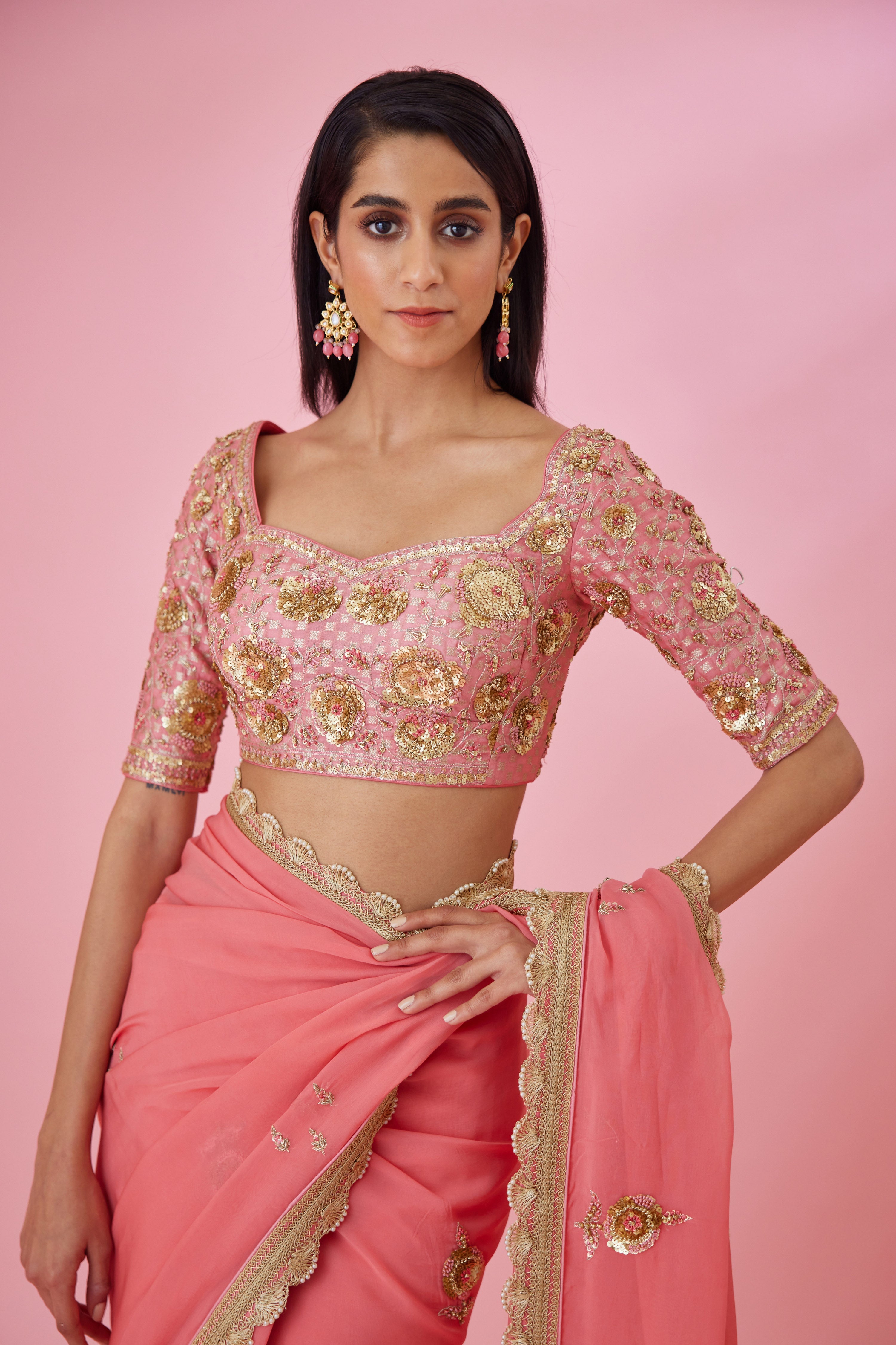 Coral Pink Organza Saree Set- front view