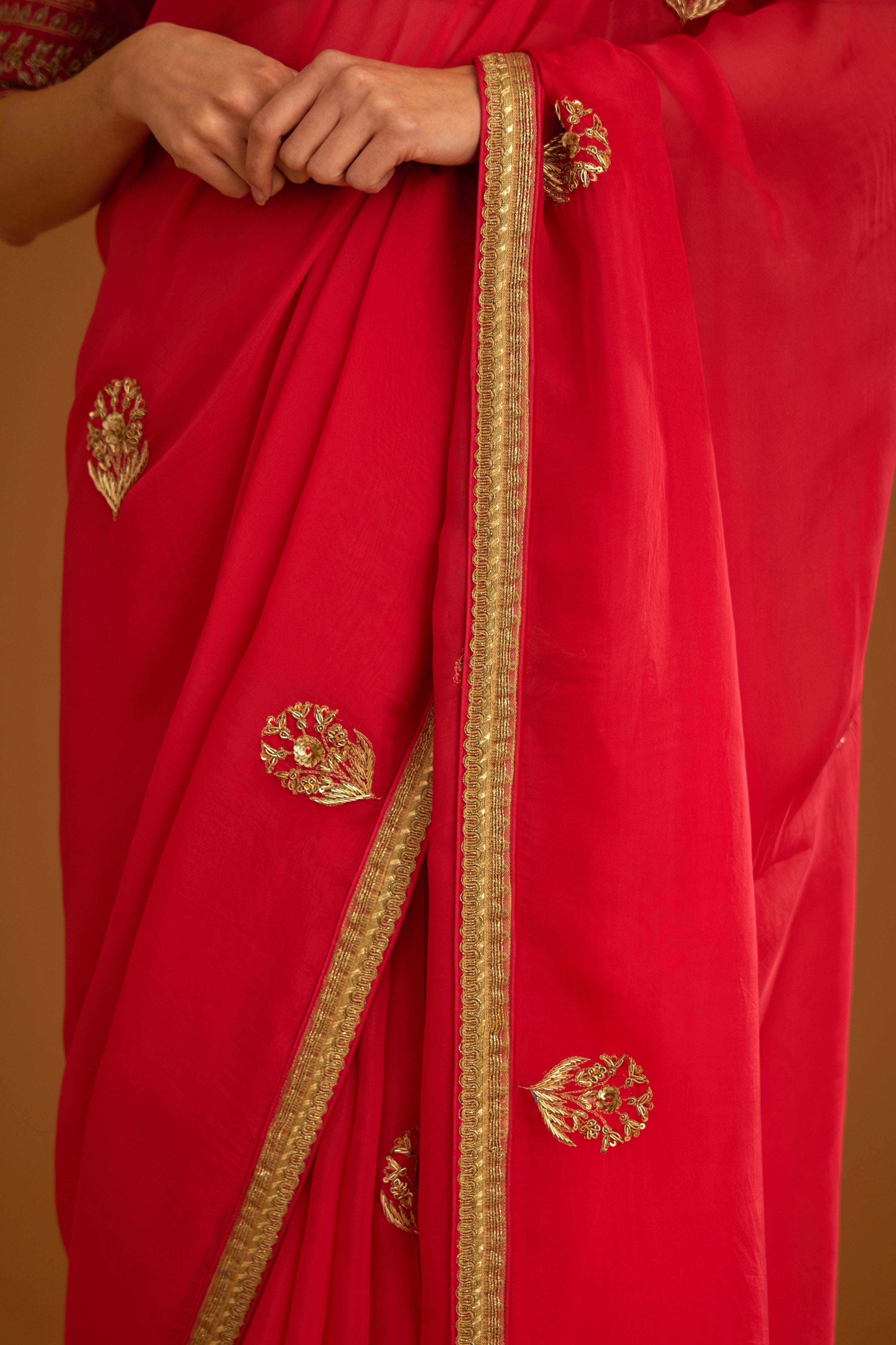 Cranberry Pink Saree Set- close view