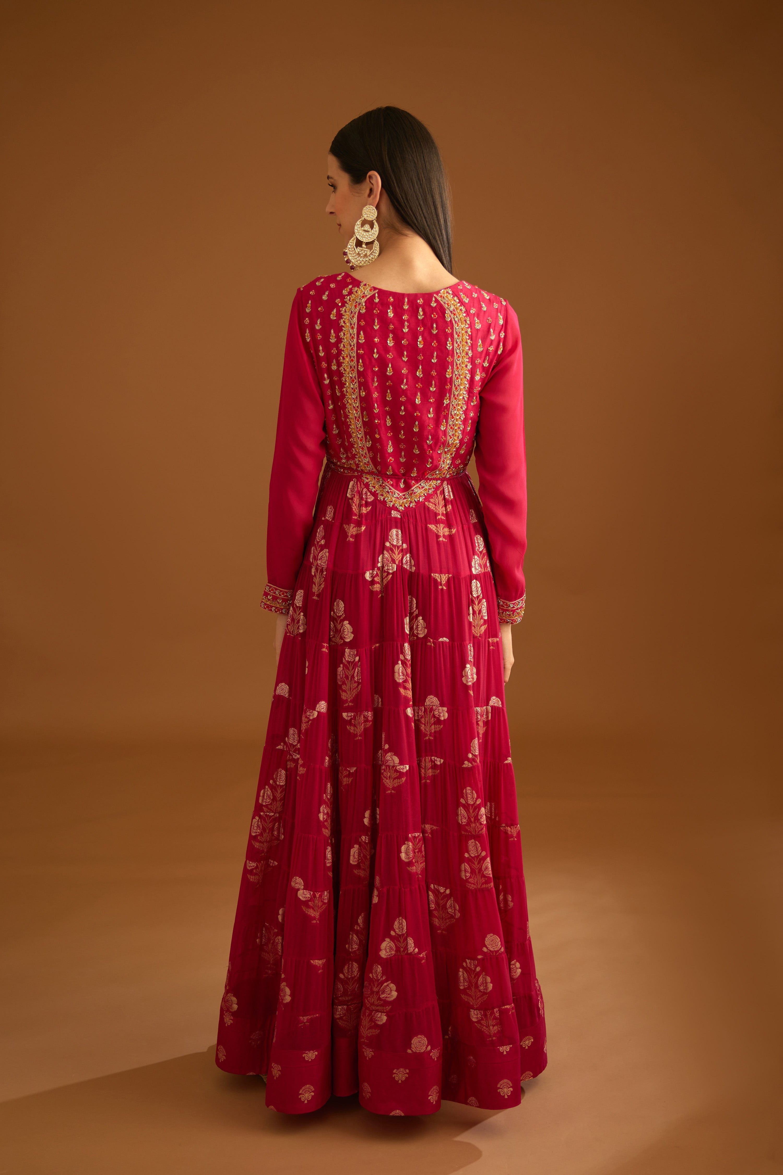 Georgette Dark Pink Anarkali Set- back view