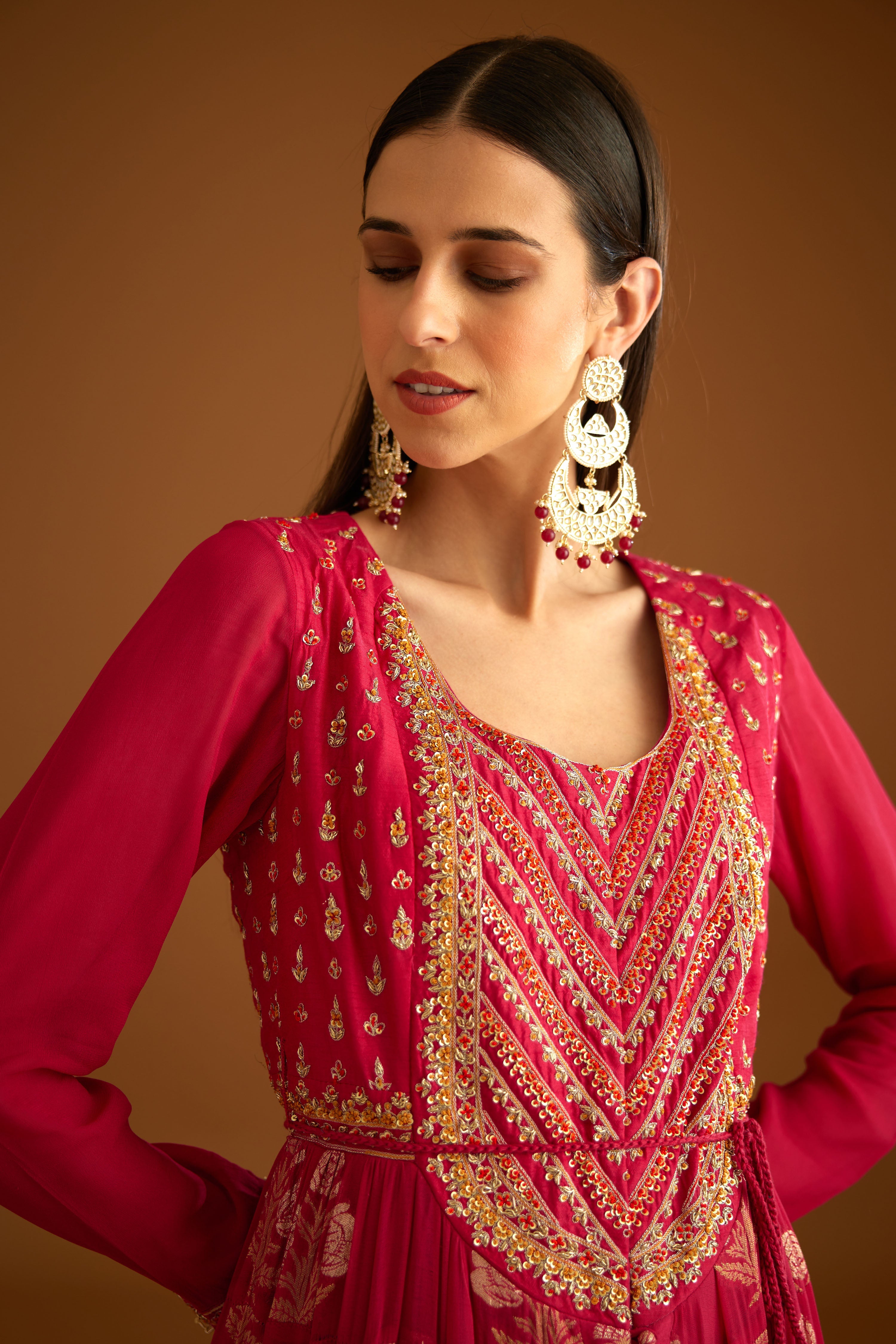 Georgette Dark Pink Anarkali Set- close view
