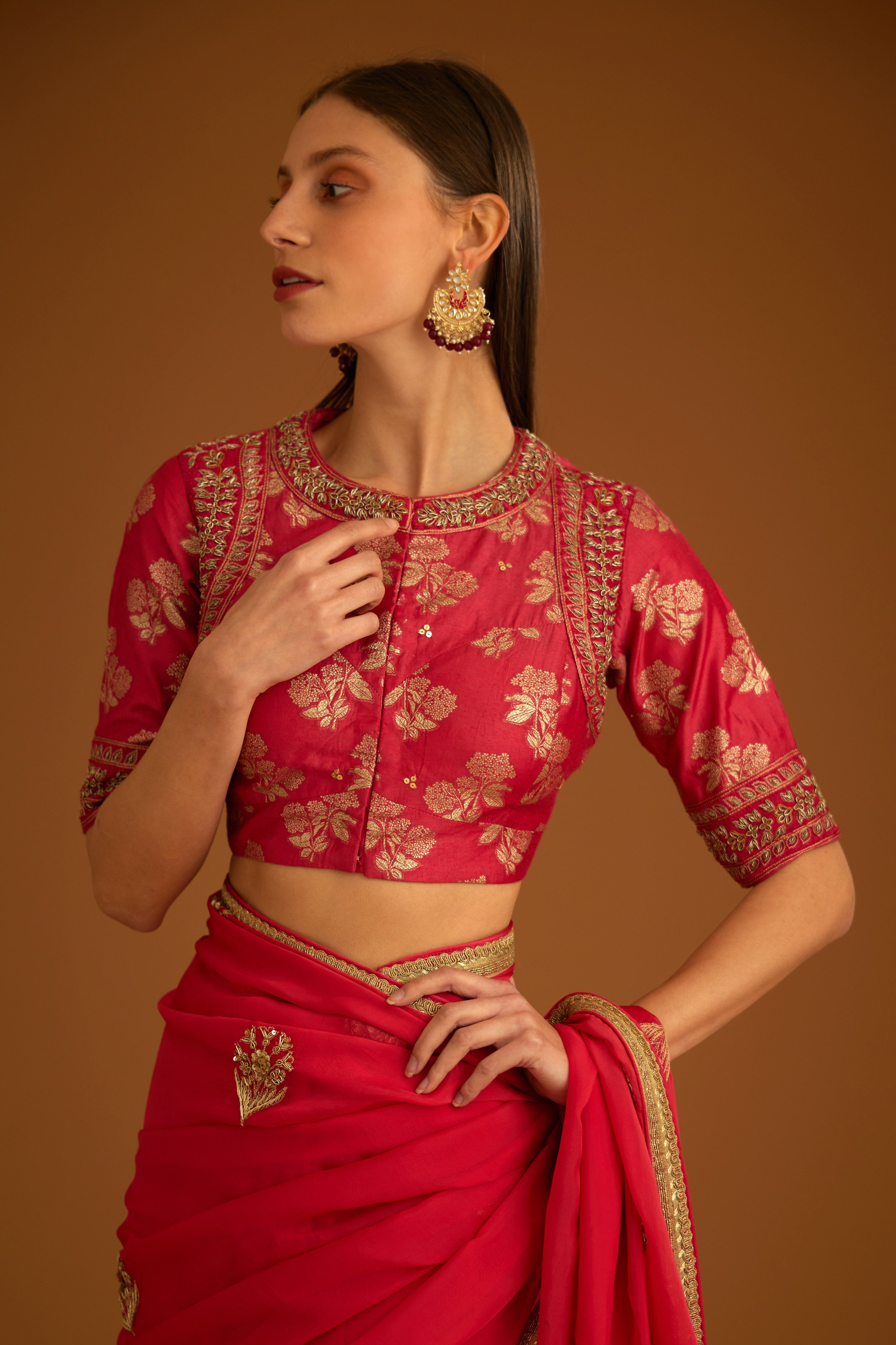 Cranberry Pink Saree Set- front view