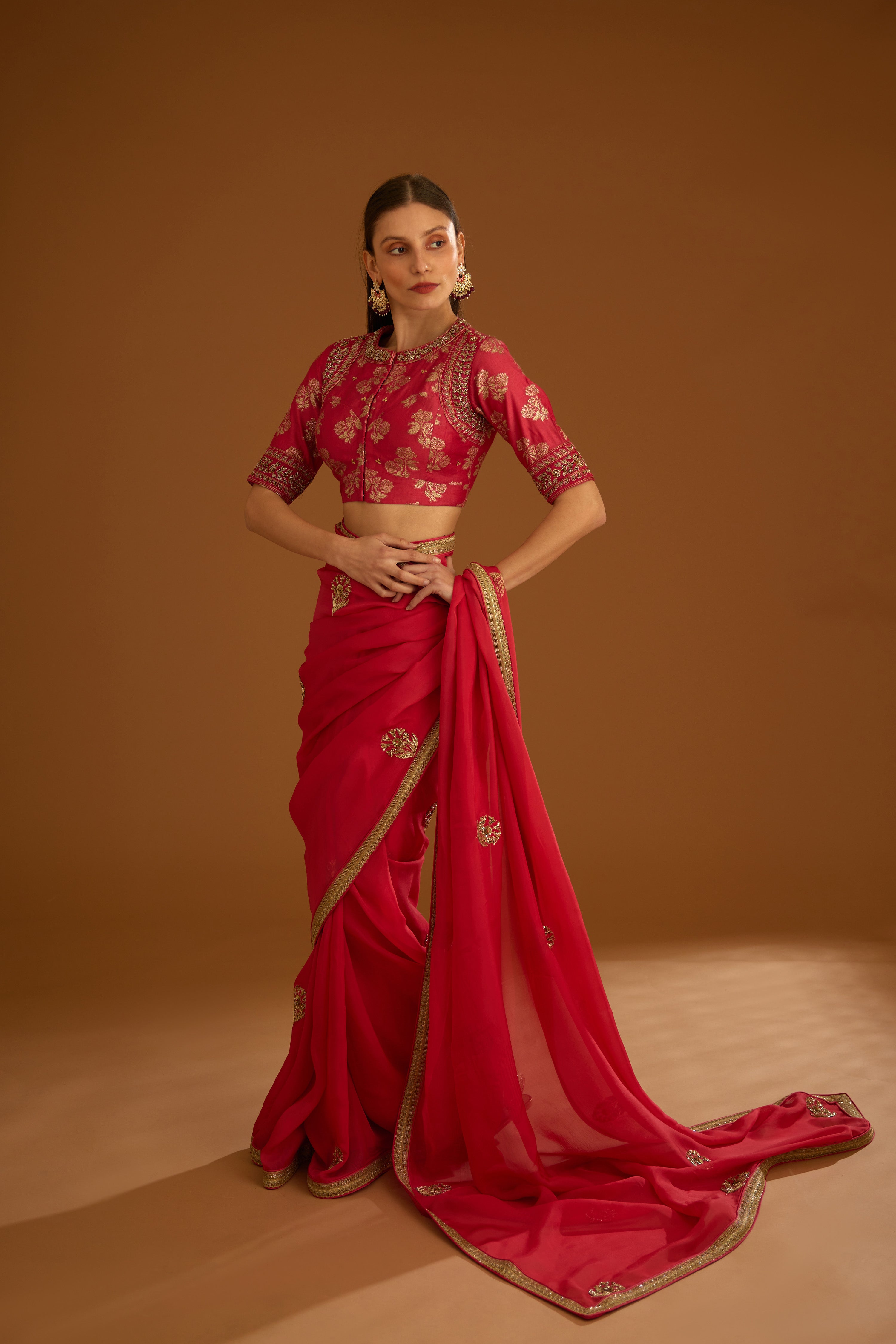 Cranberry Pink Saree Set- side view