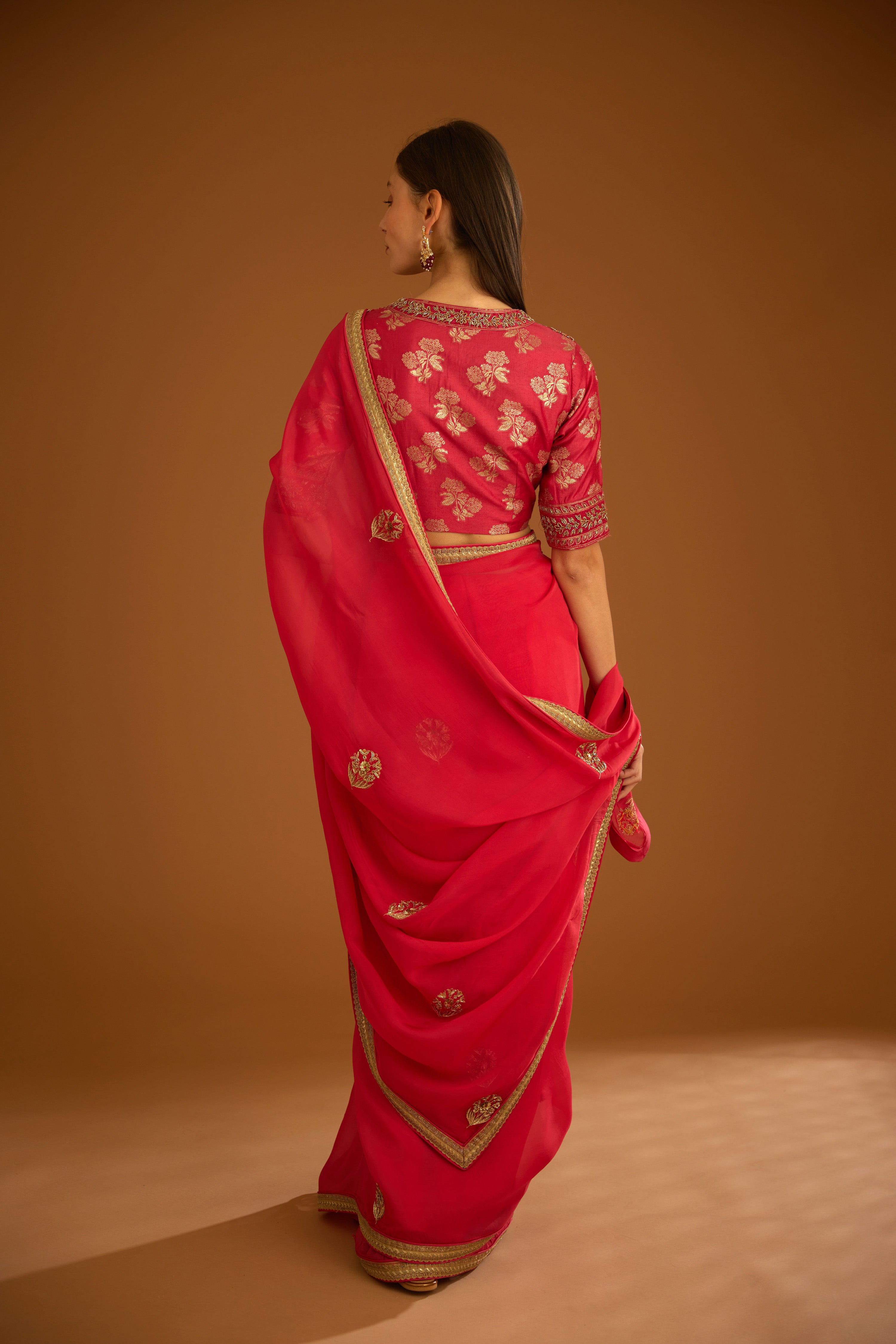 Cranberry Pink Saree Set- back view