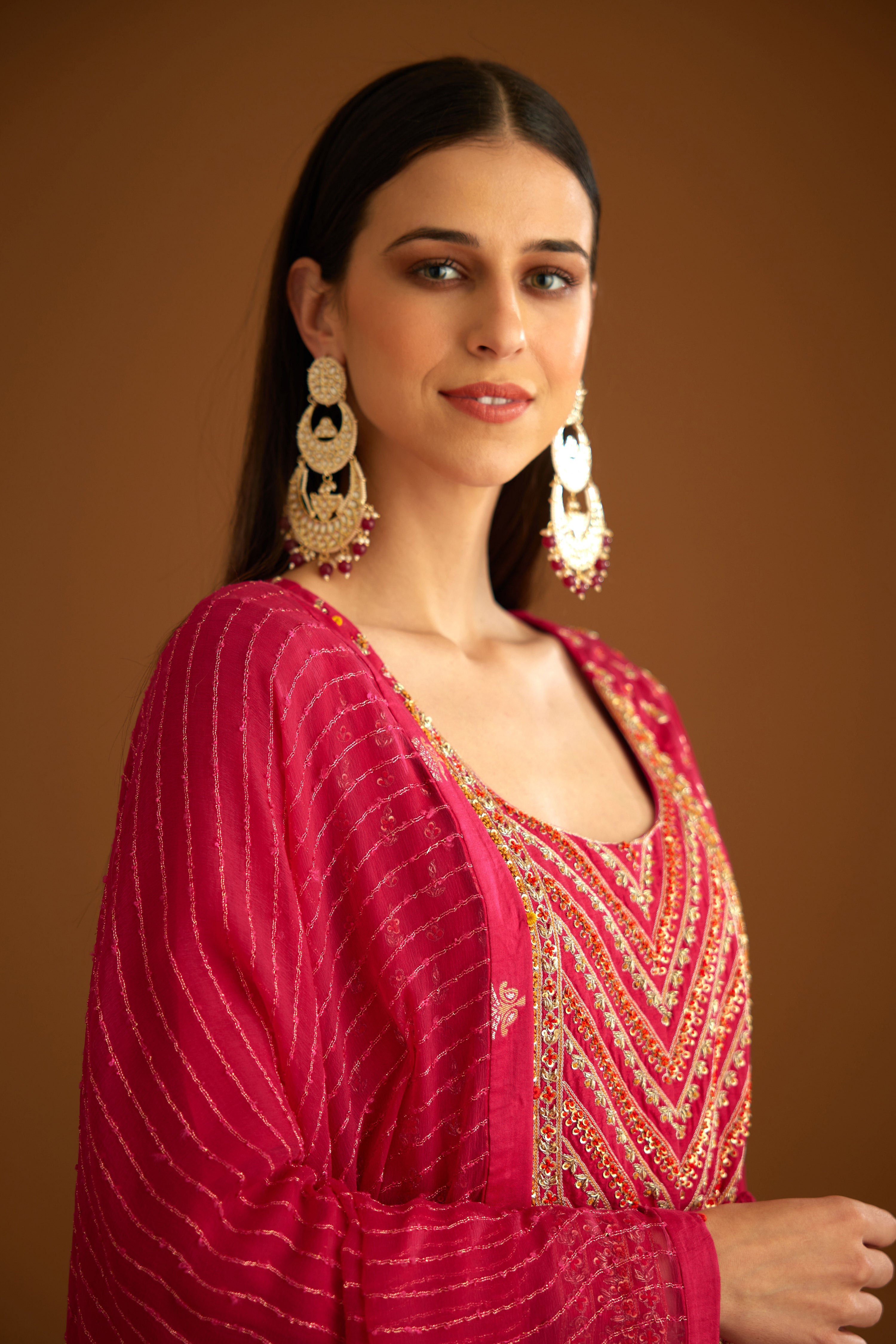 Georgette Dark Pink Anarkali Set- close view