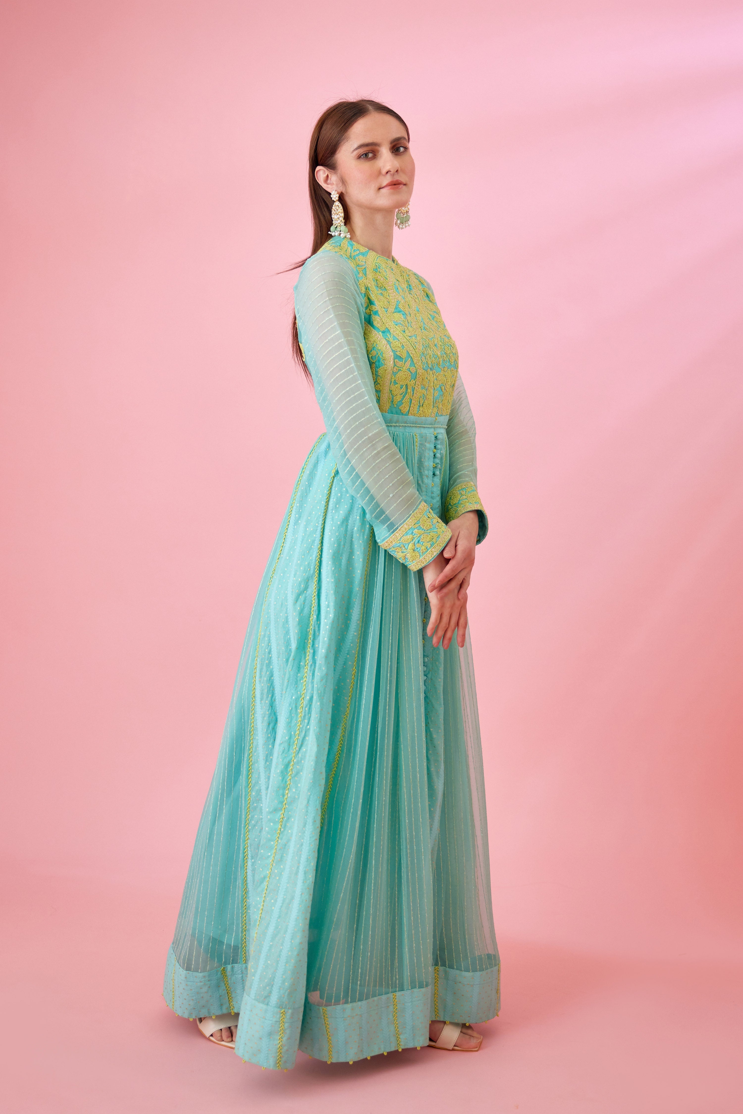 Sea Blue Anarkali Set.